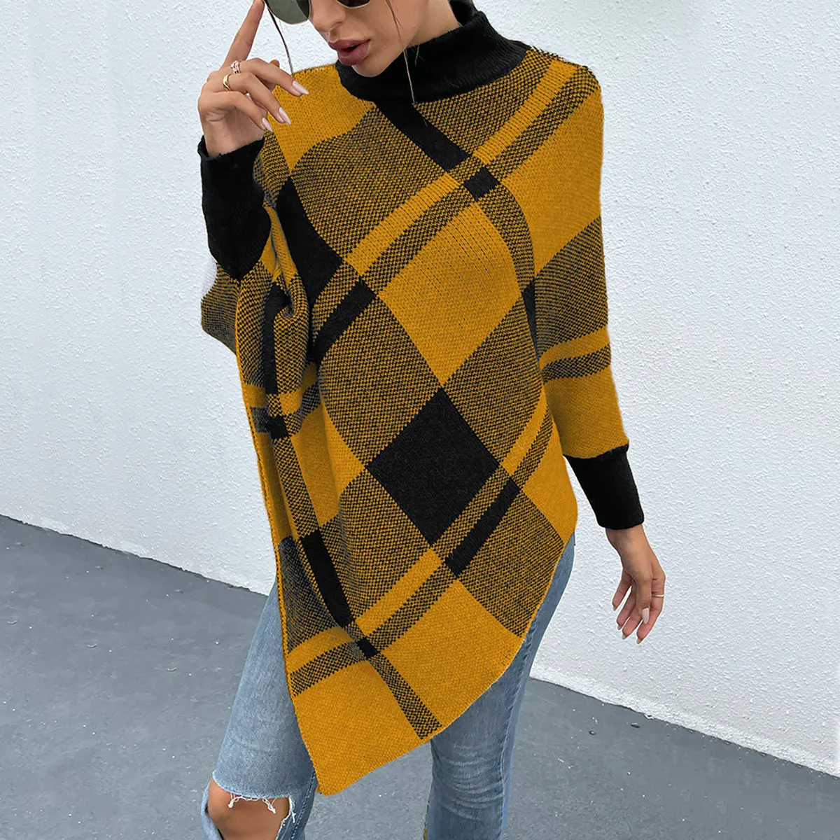 Plaid Turtleneck Poncho