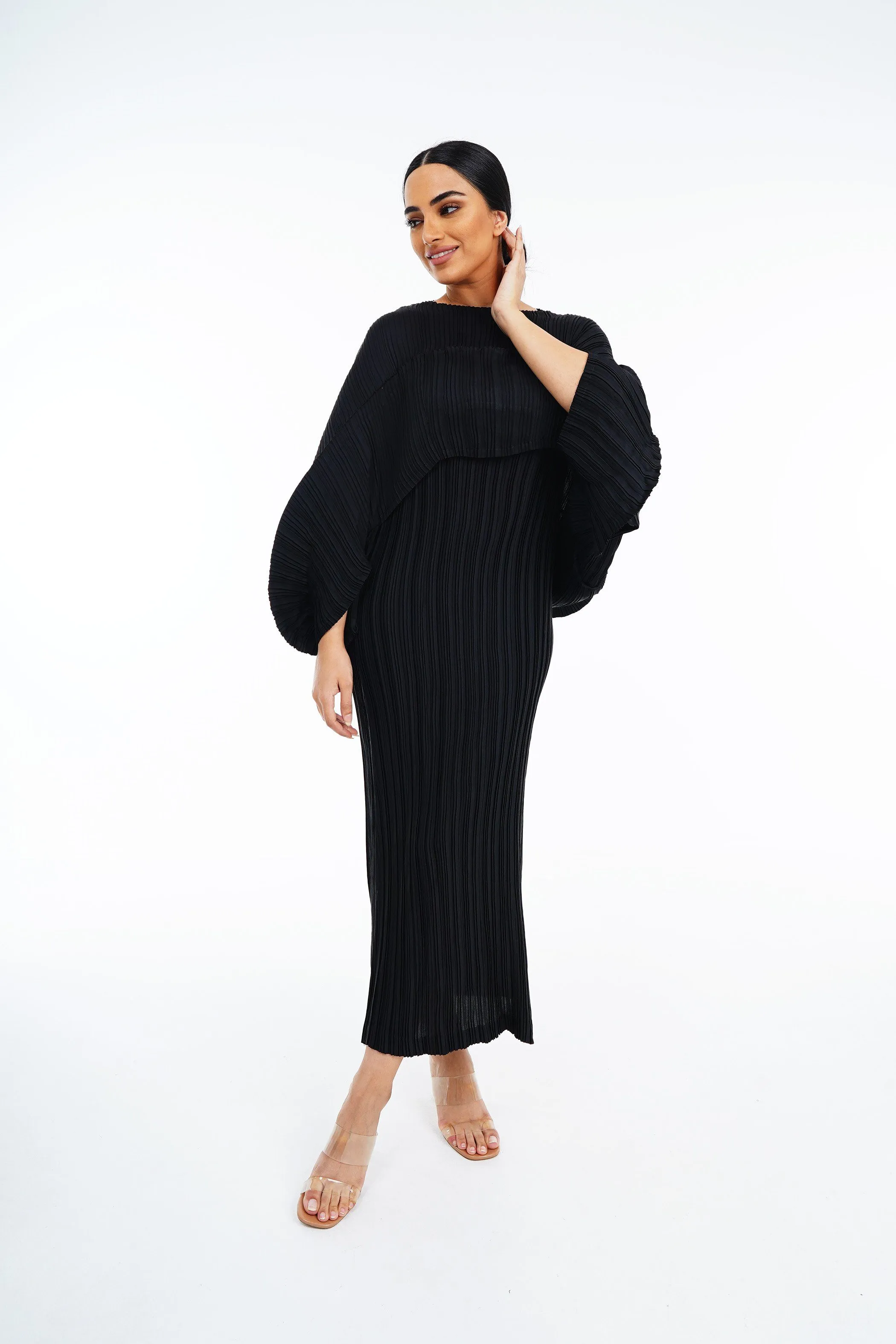 Pleated Batwing Sleeve Top & Sleeveless Dress Set