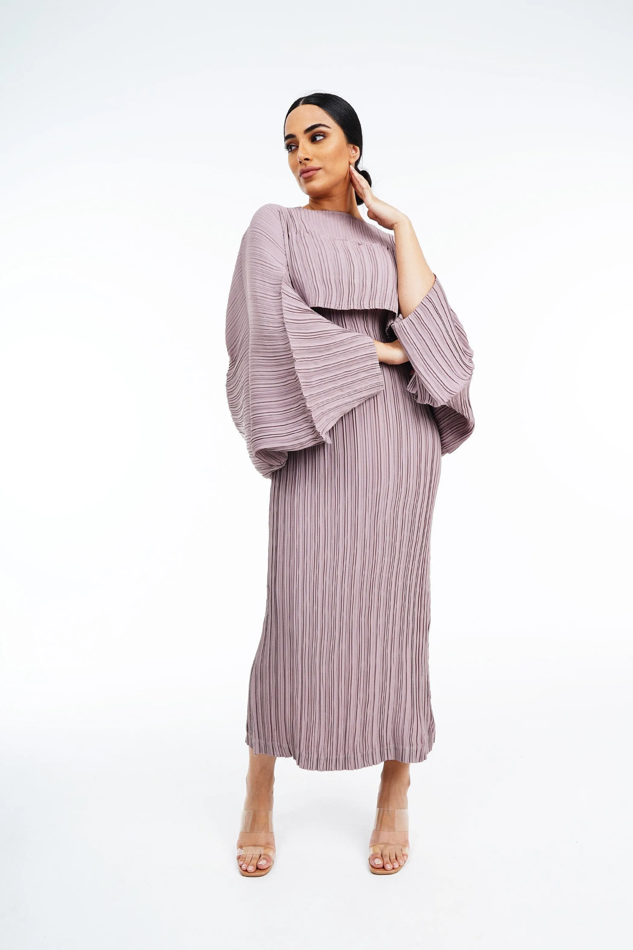 Pleated Batwing Sleeve Top & Sleeveless Dress Set