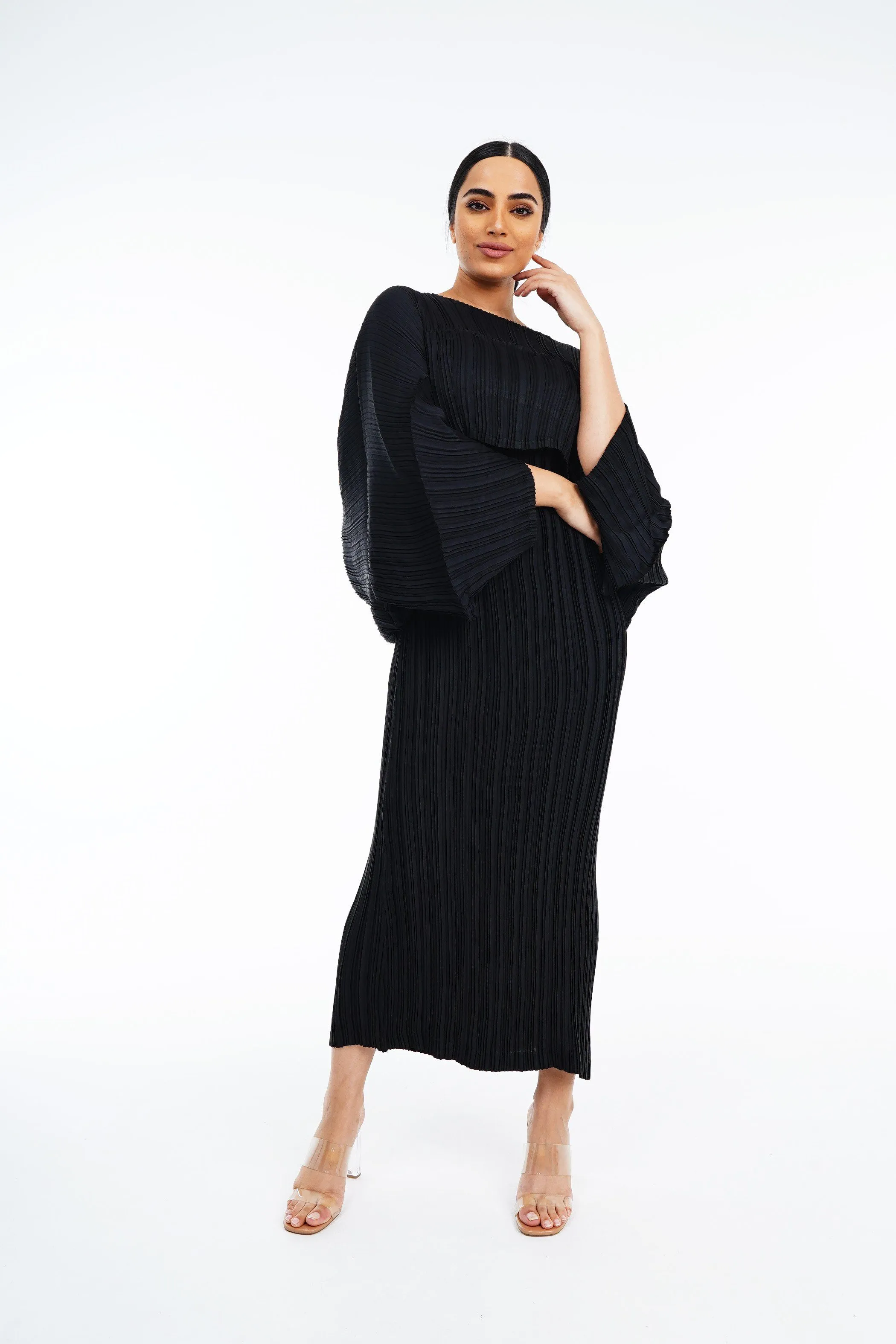 Pleated Batwing Sleeve Top & Sleeveless Dress Set