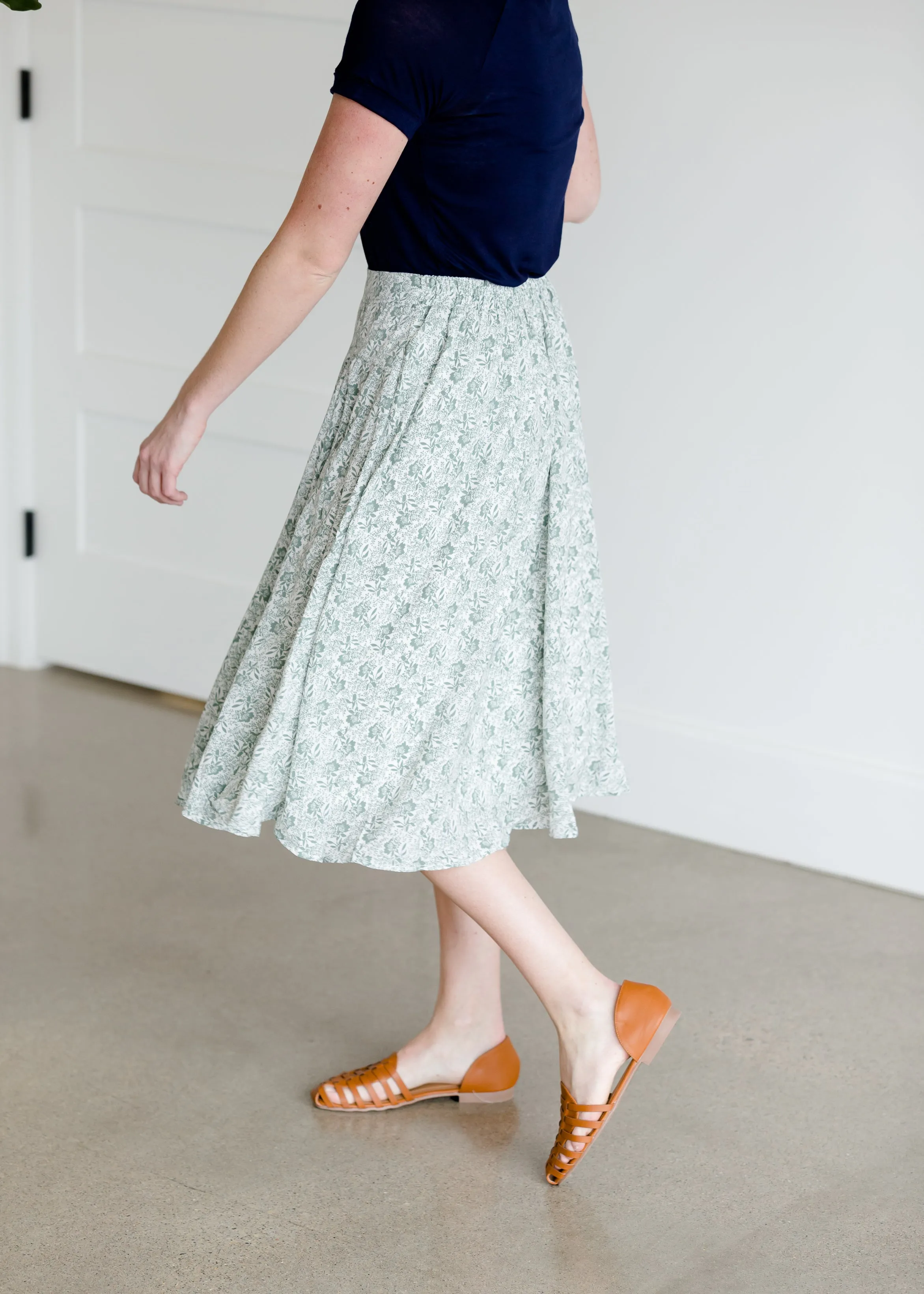 Pleated Floral Sage Midi Skirt - FINAL SALE