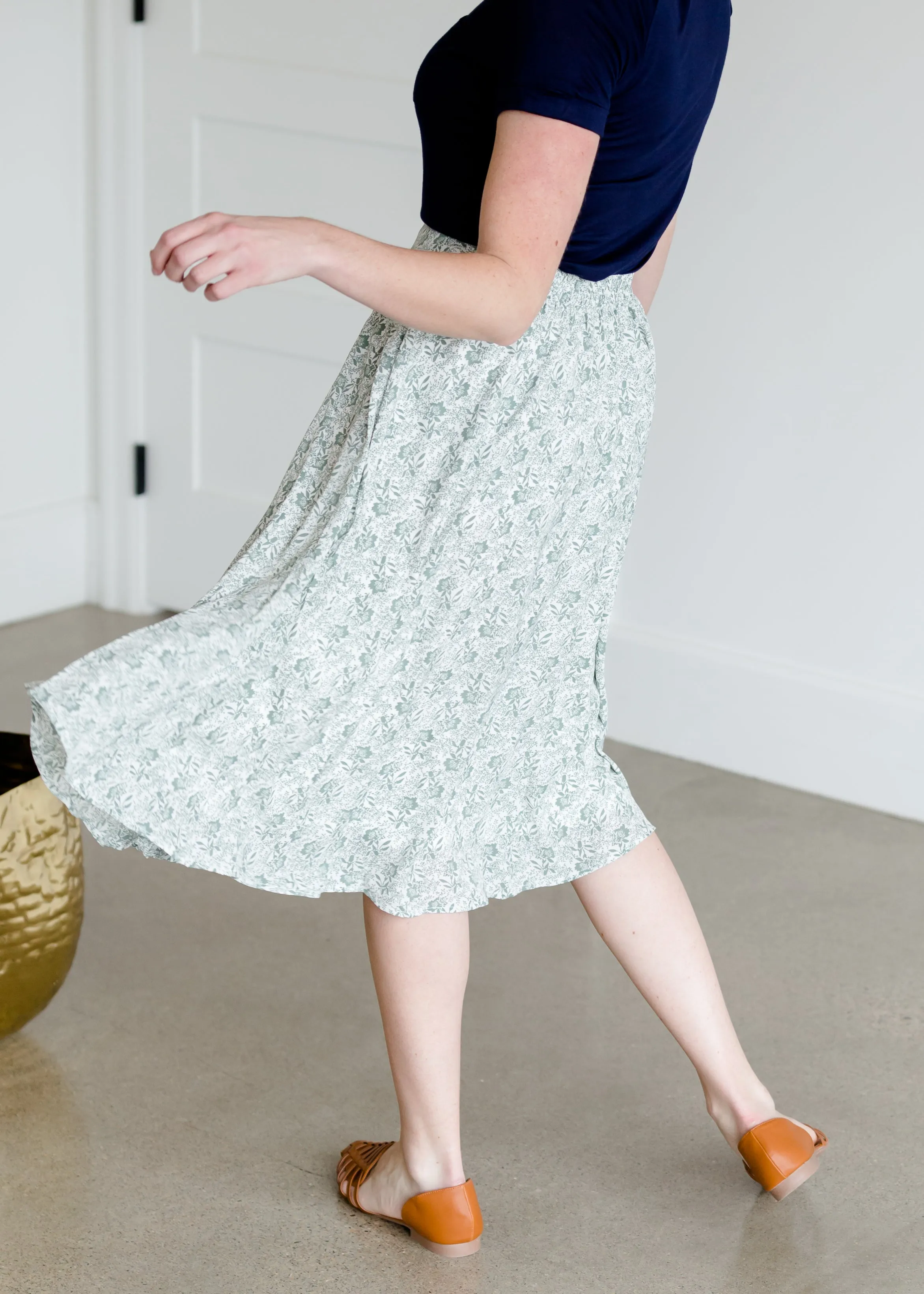 Pleated Floral Sage Midi Skirt - FINAL SALE