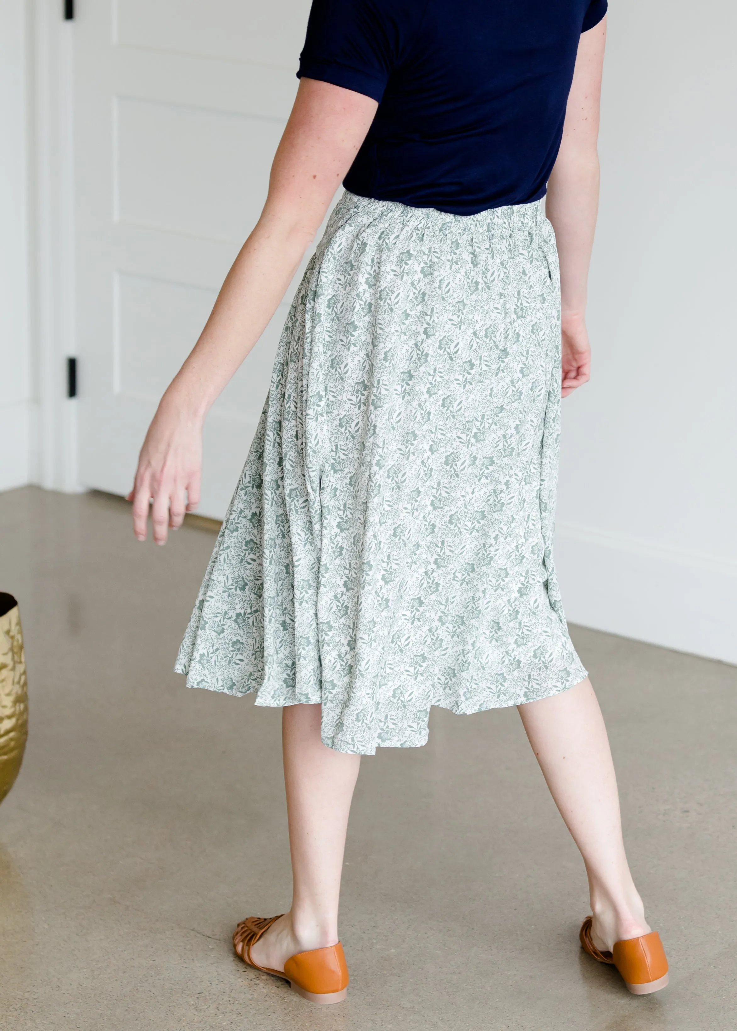 Pleated Floral Sage Midi Skirt - FINAL SALE