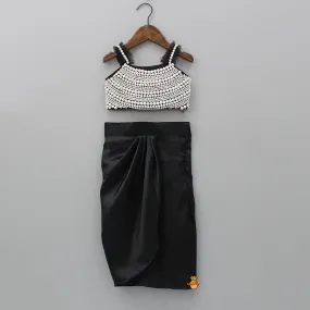 Pre Order: Heavy Yoke Embroidered Black Top And Dhoti Style Skirt