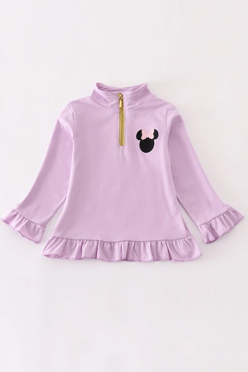 Purple character embroidery zip girl pullover