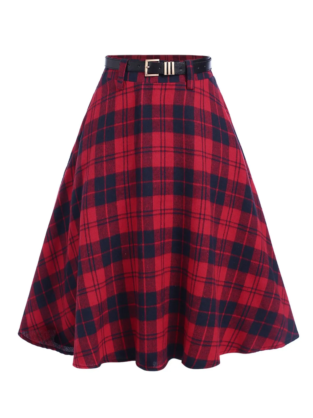 Red 1940s Plaid Belted A-Line Skirt