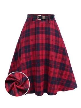 Red 1940s Plaid Belted A-Line Skirt