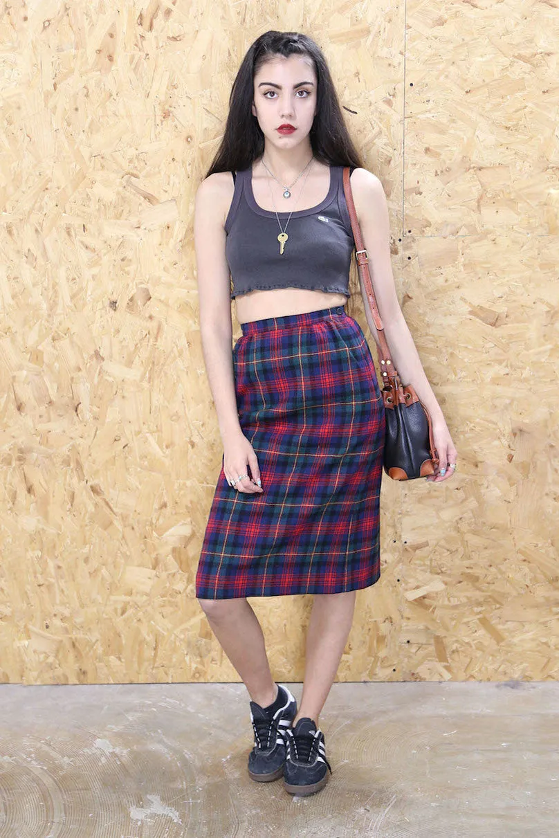 Red and Navy Tartan Midi Skirt