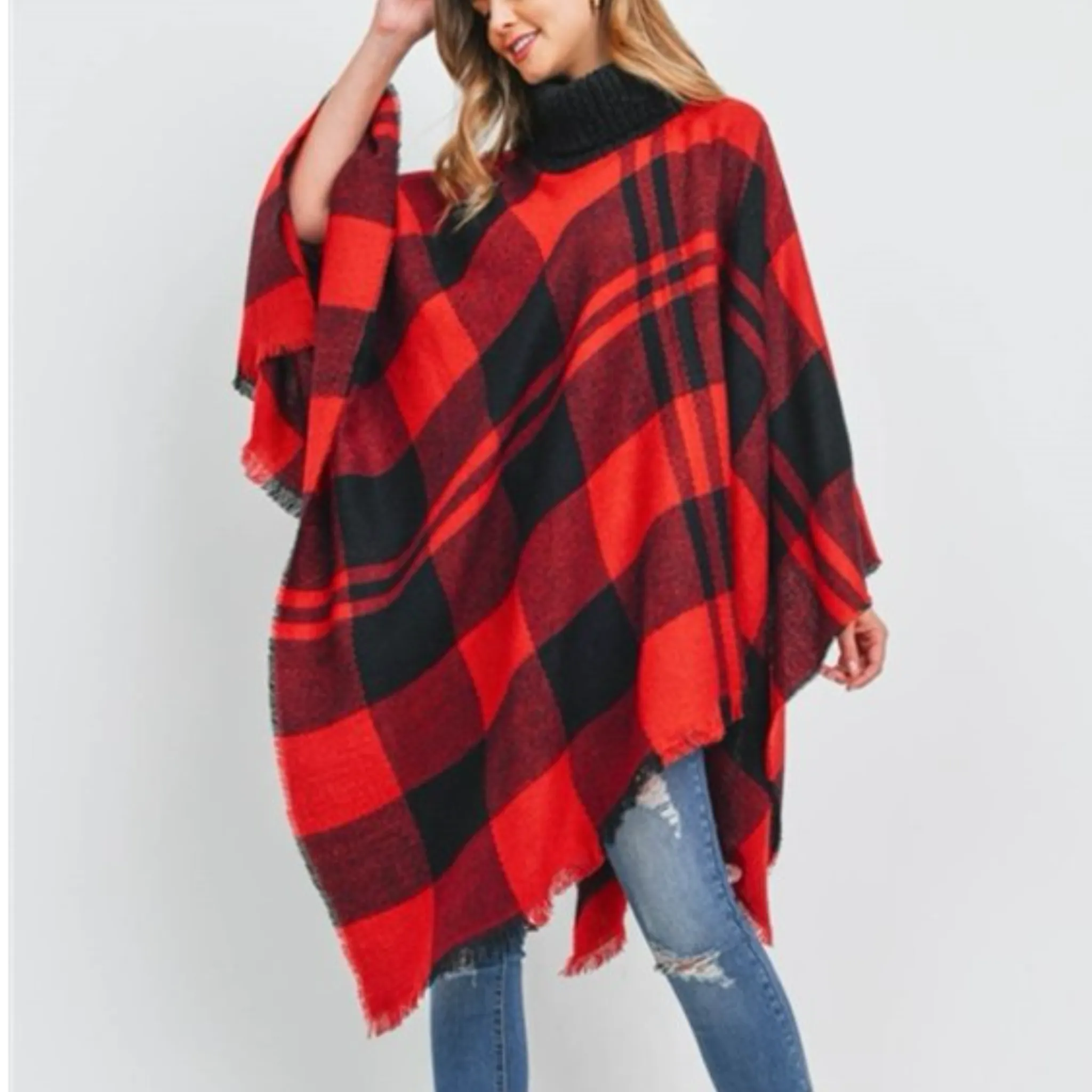 RITZY Multi Checks Poncho Shawl with Neckwarmer