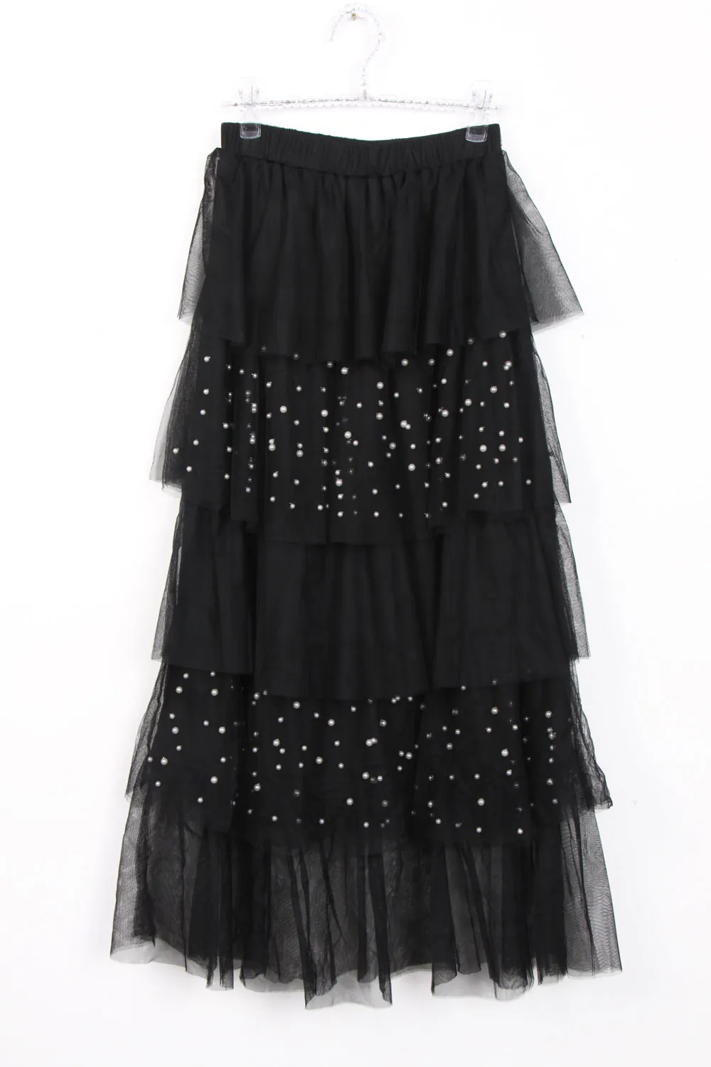 Ruffles Pearls Beading Mesh Tulle Long Skirt