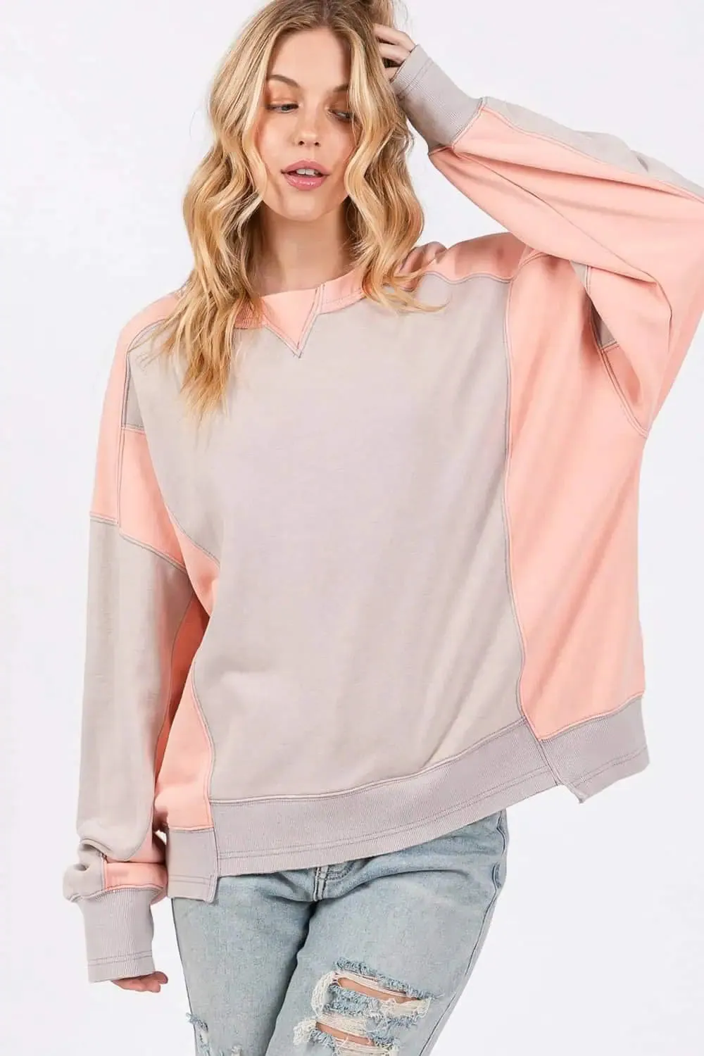 SAGE   FIG Color Block Round Neck Sweatshirt