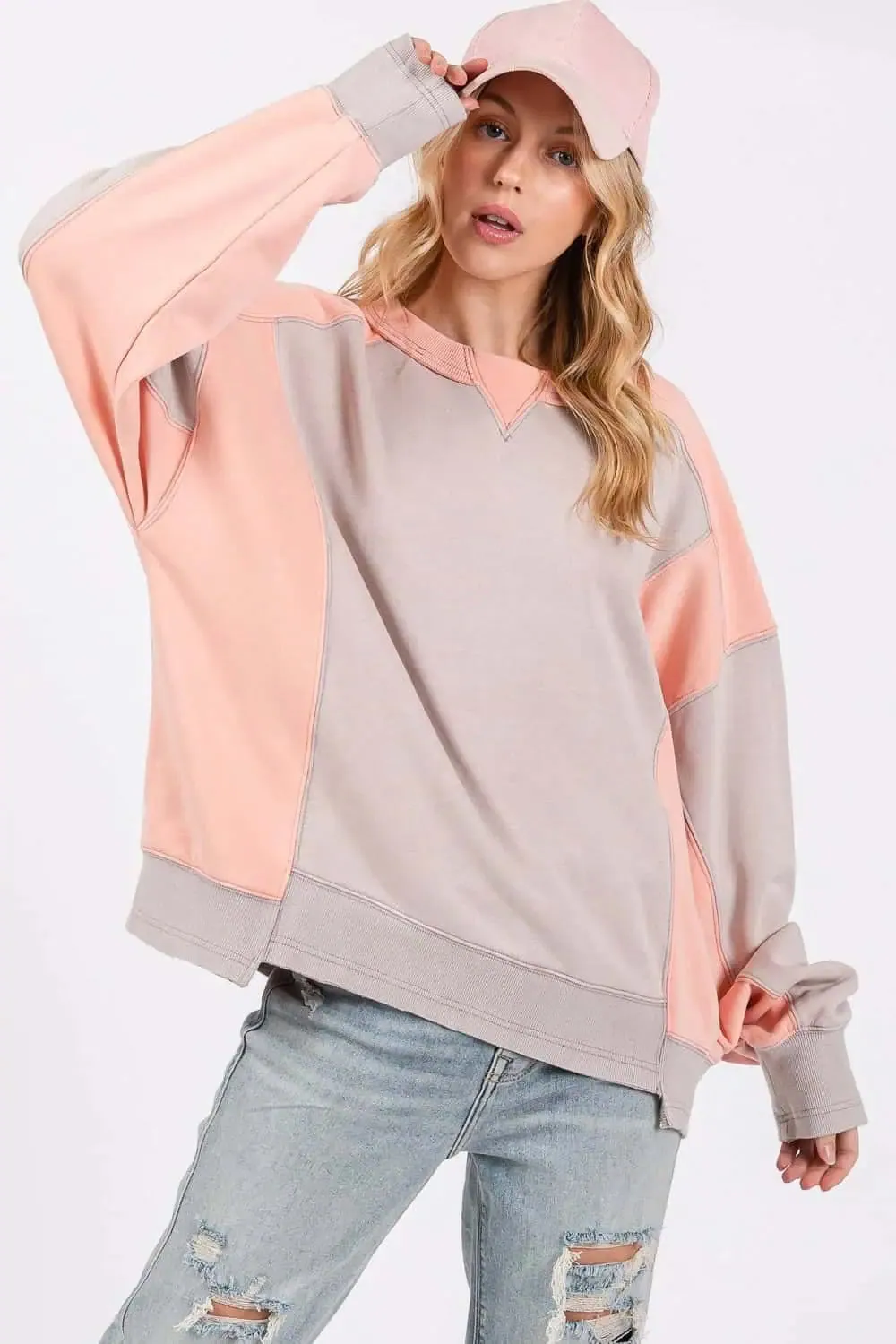 SAGE   FIG Color Block Round Neck Sweatshirt