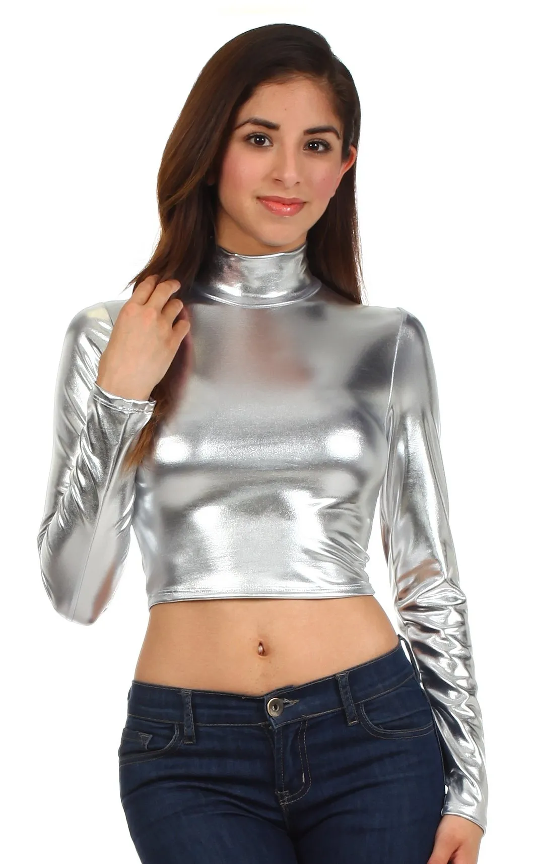 Sakkas Metallic Liquid Mock Neck Turtleneck Long Sleeve Crop Top - Made in USA