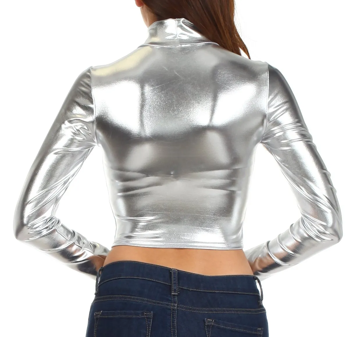 Sakkas Metallic Liquid Mock Neck Turtleneck Long Sleeve Crop Top - Made in USA