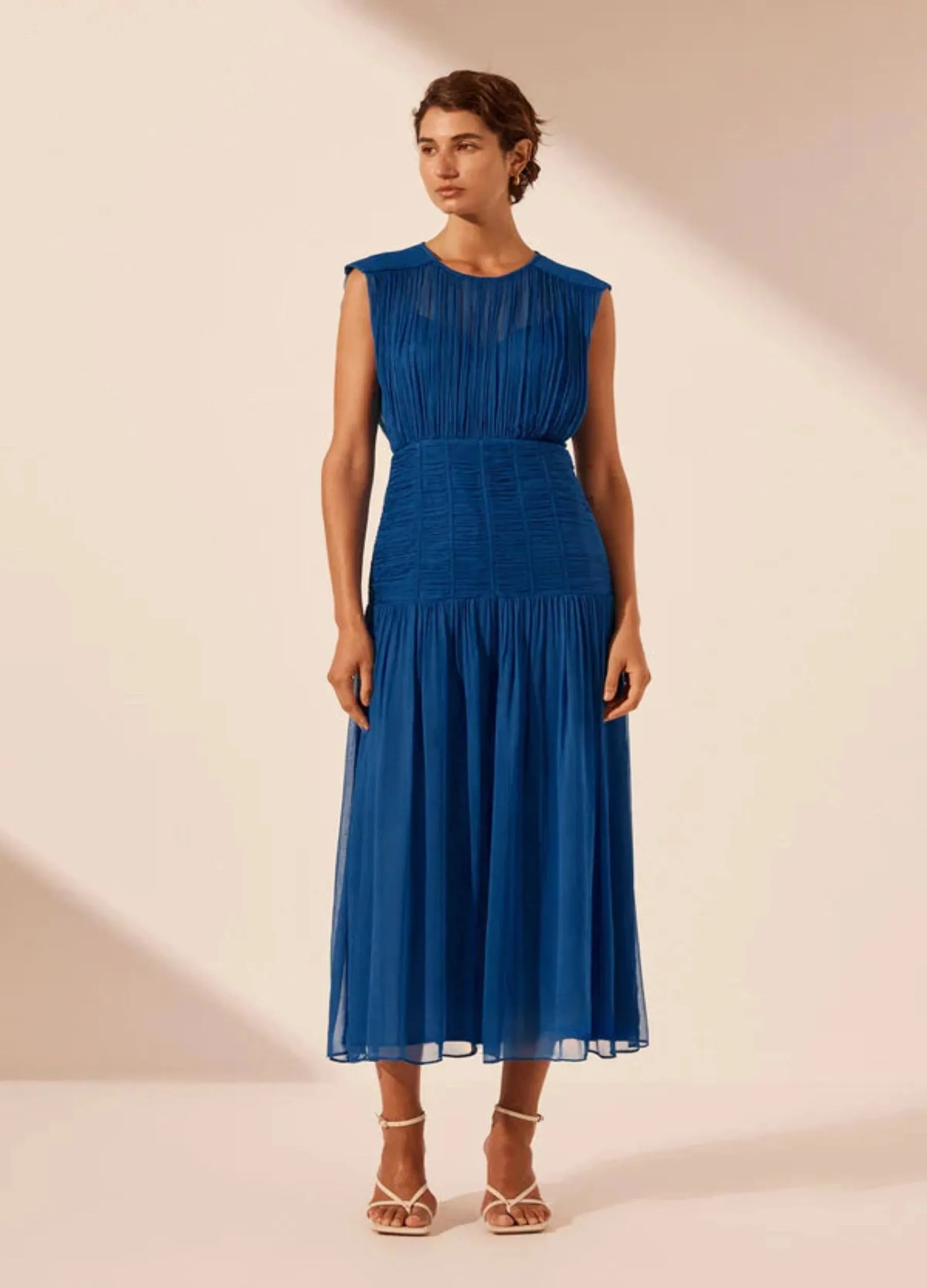 Shona Joy - Maya Ruched Sleeveless Midi Dress - Strong Blue