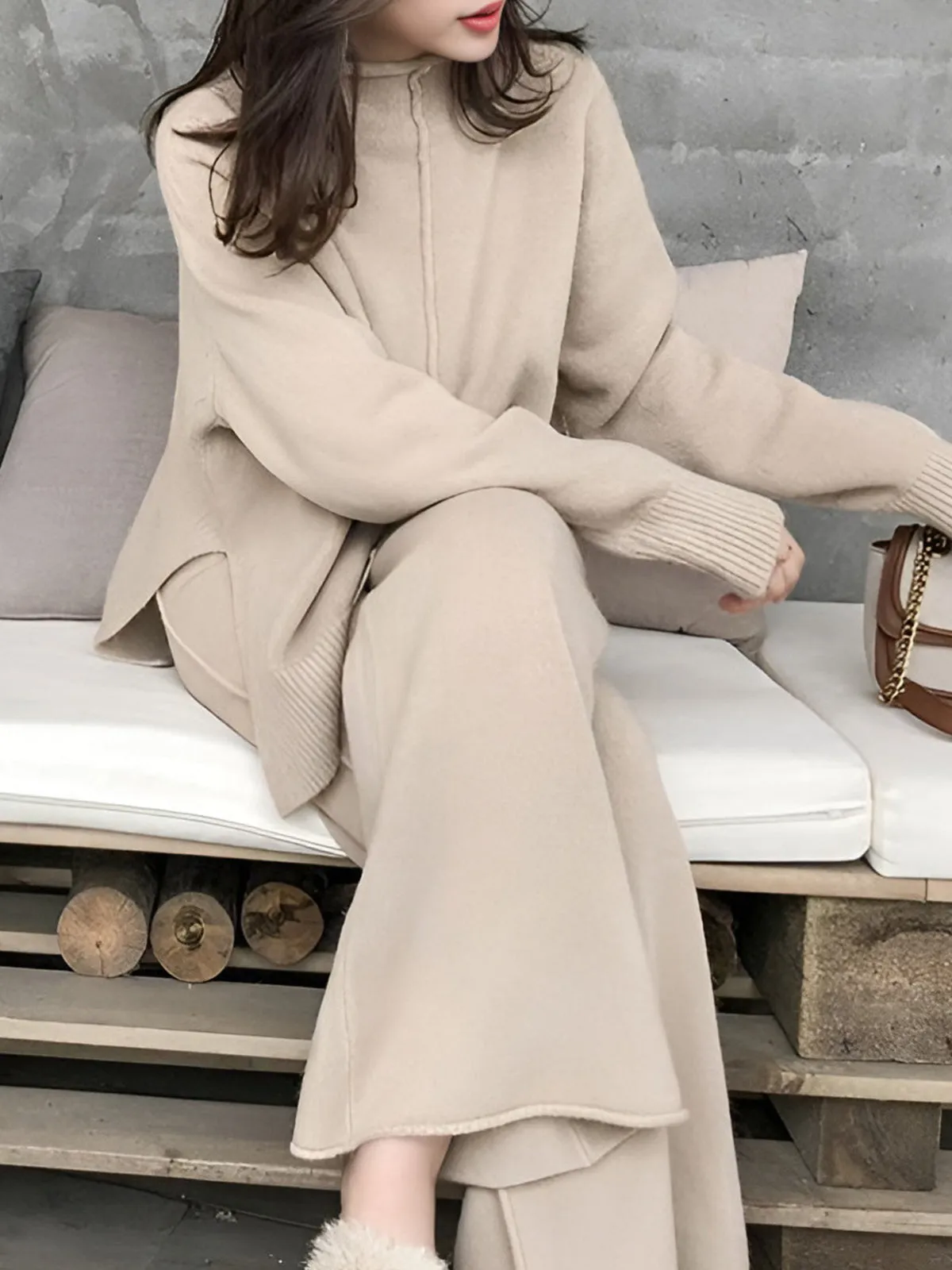 Side Slit Sweater & Knitted Wide-Leg Pant 2 Piece Lounge Set