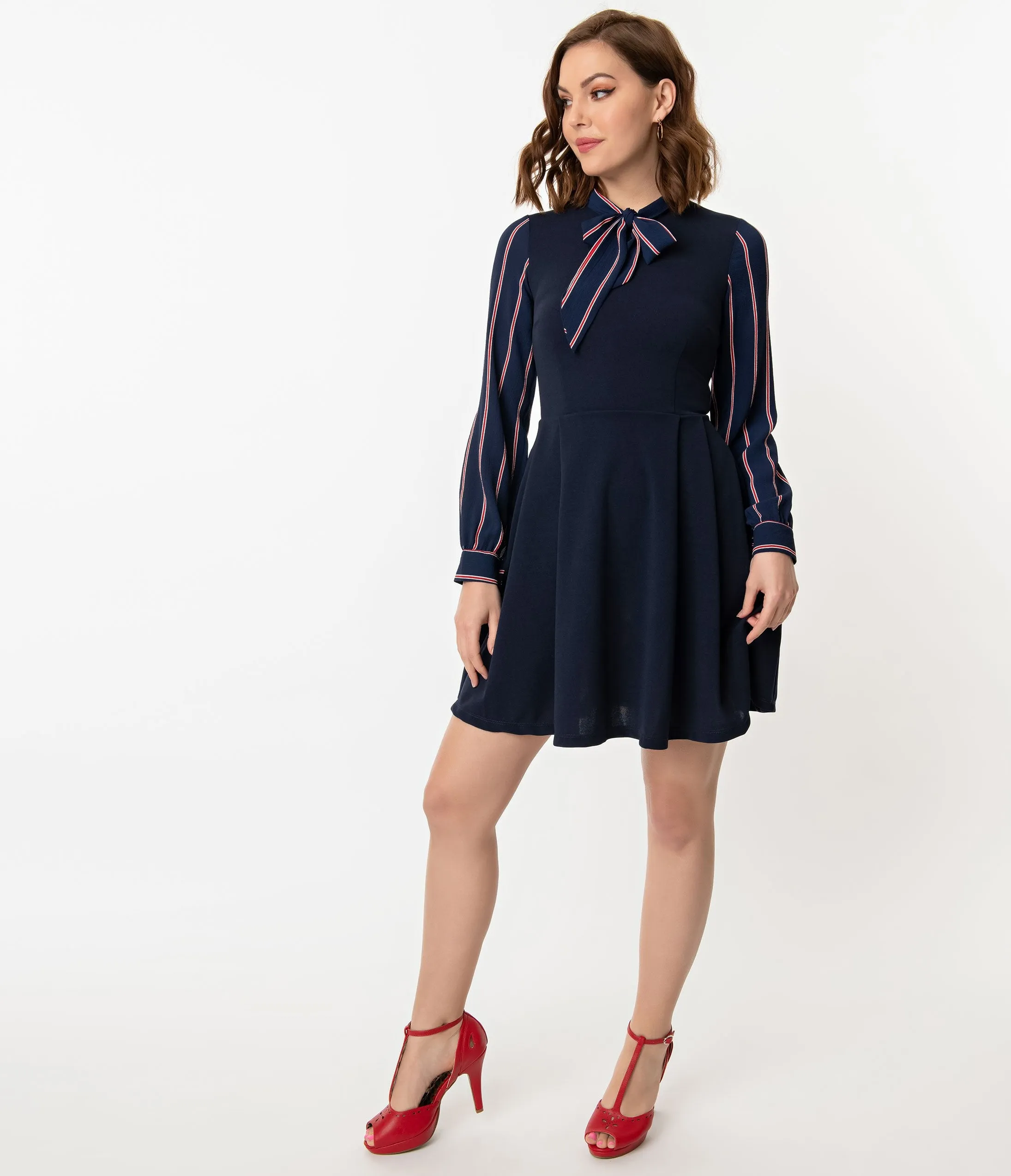 Smak Parlour Navy & Red Stripe Crepe Sleeve She.E.O. Fit & Flare Dress