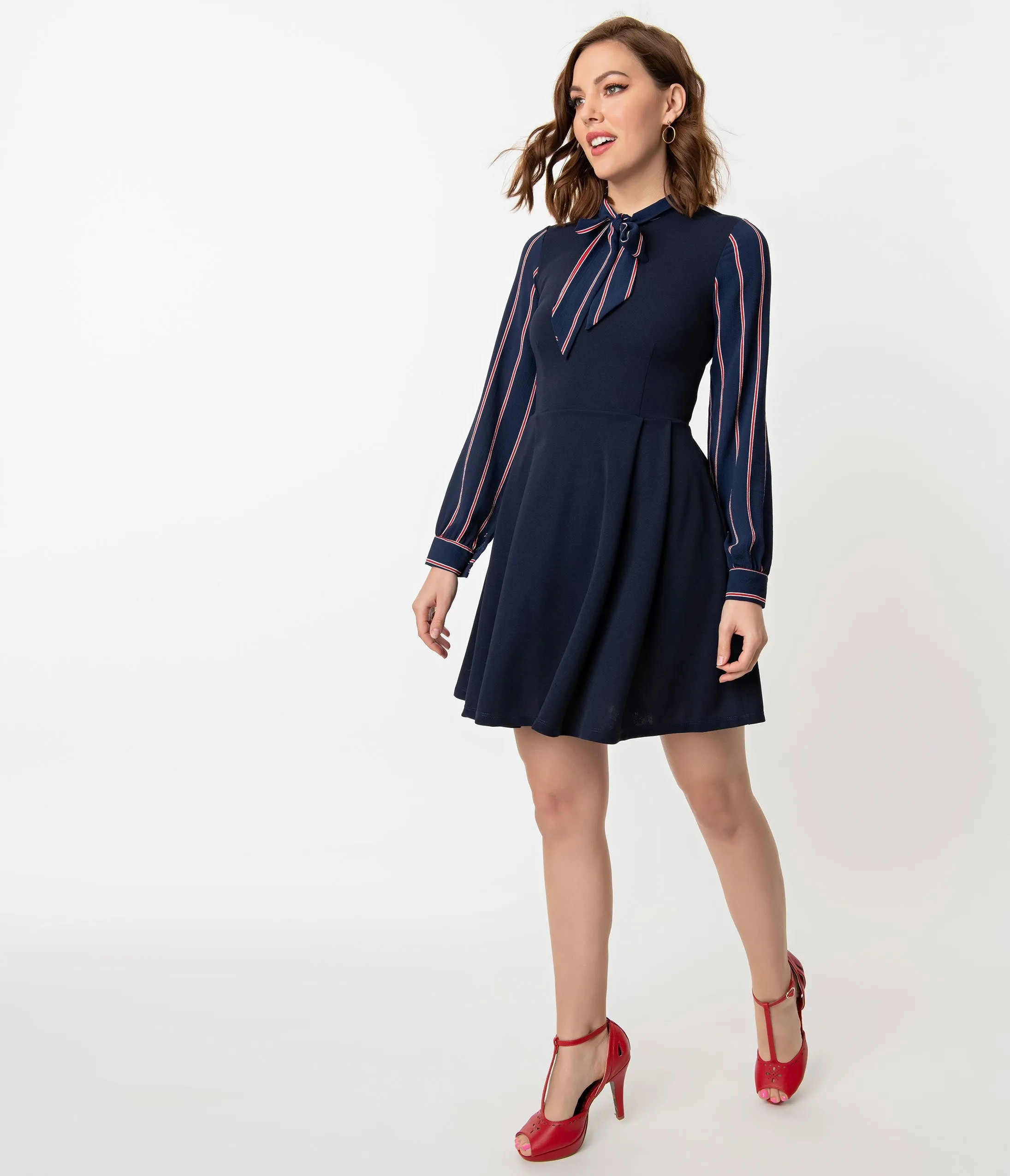 Smak Parlour Navy & Red Stripe Crepe Sleeve She.E.O. Fit & Flare Dress