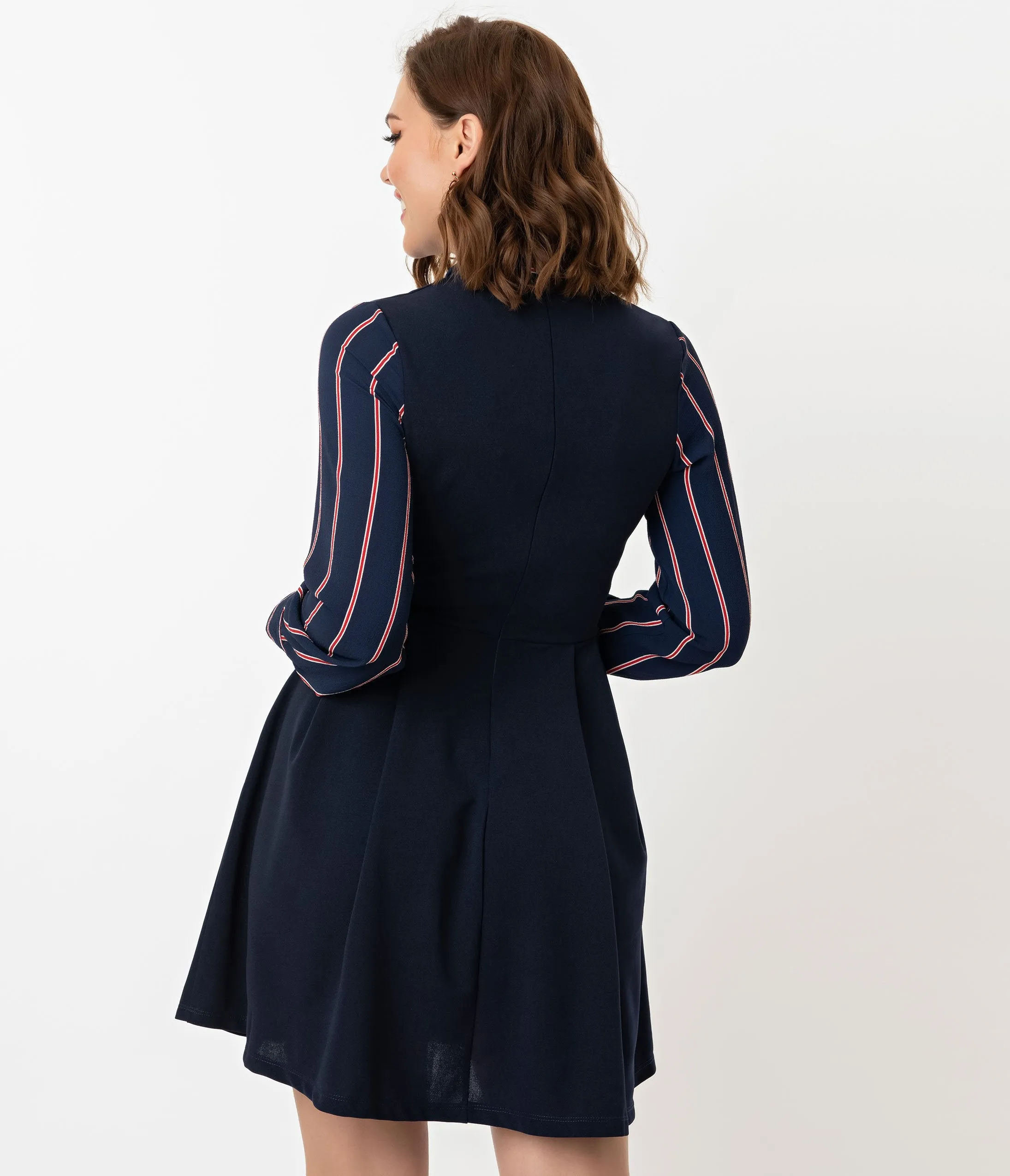 Smak Parlour Navy & Red Stripe Crepe Sleeve She.E.O. Fit & Flare Dress