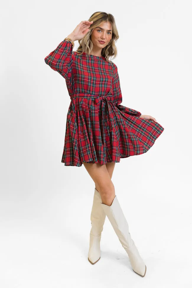 Snowball Effect Red Plaid Tie Belt Mini Dress