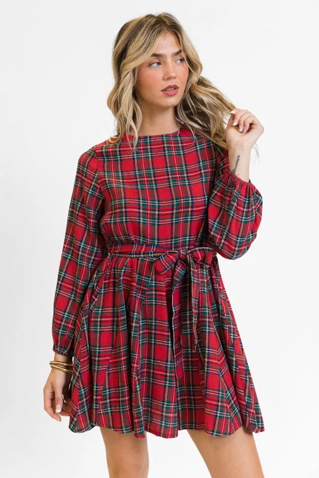 Snowball Effect Red Plaid Tie Belt Mini Dress