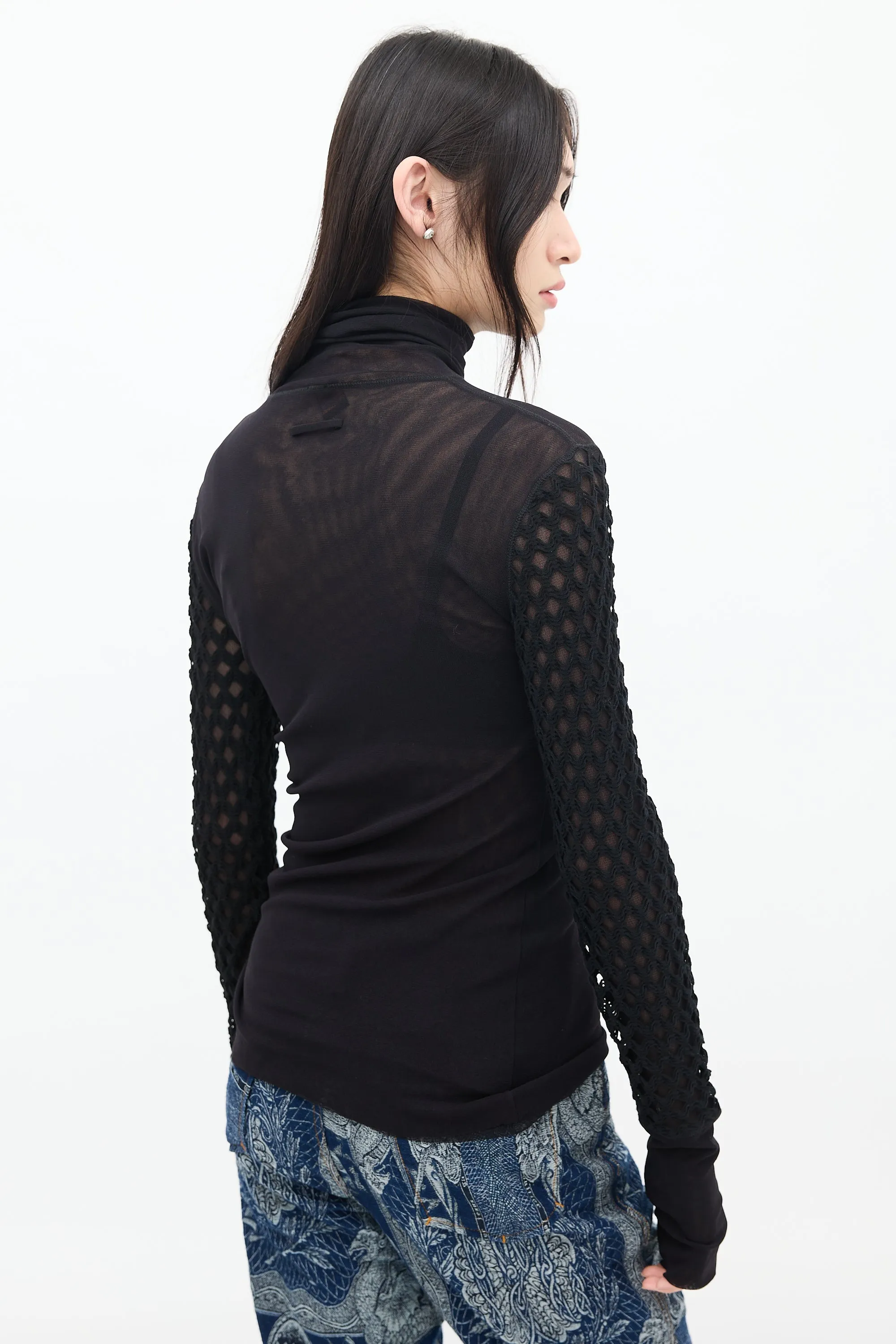 Soleil Black Mesh Layered Turtleneck Top