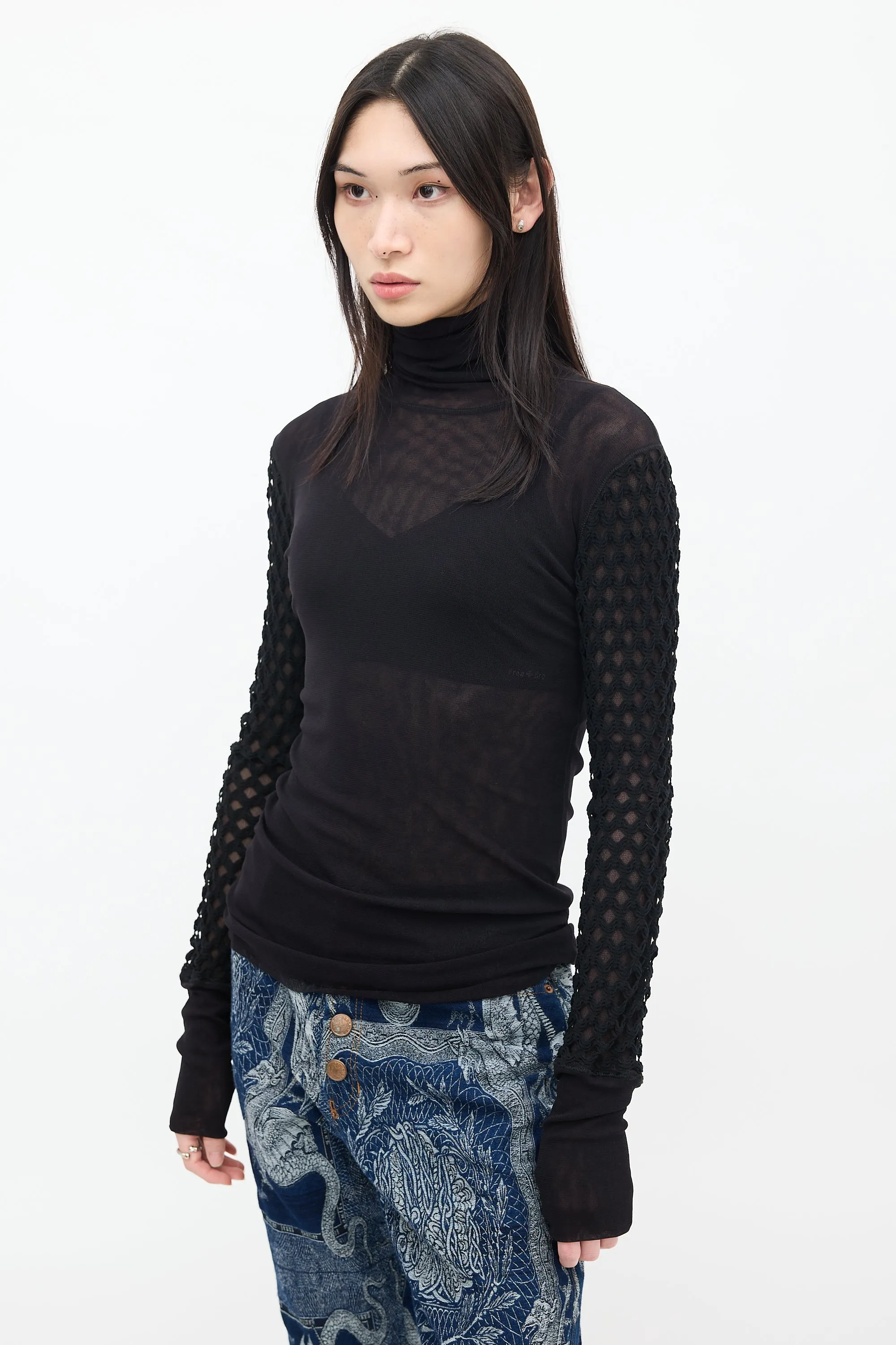 Soleil Black Mesh Layered Turtleneck Top