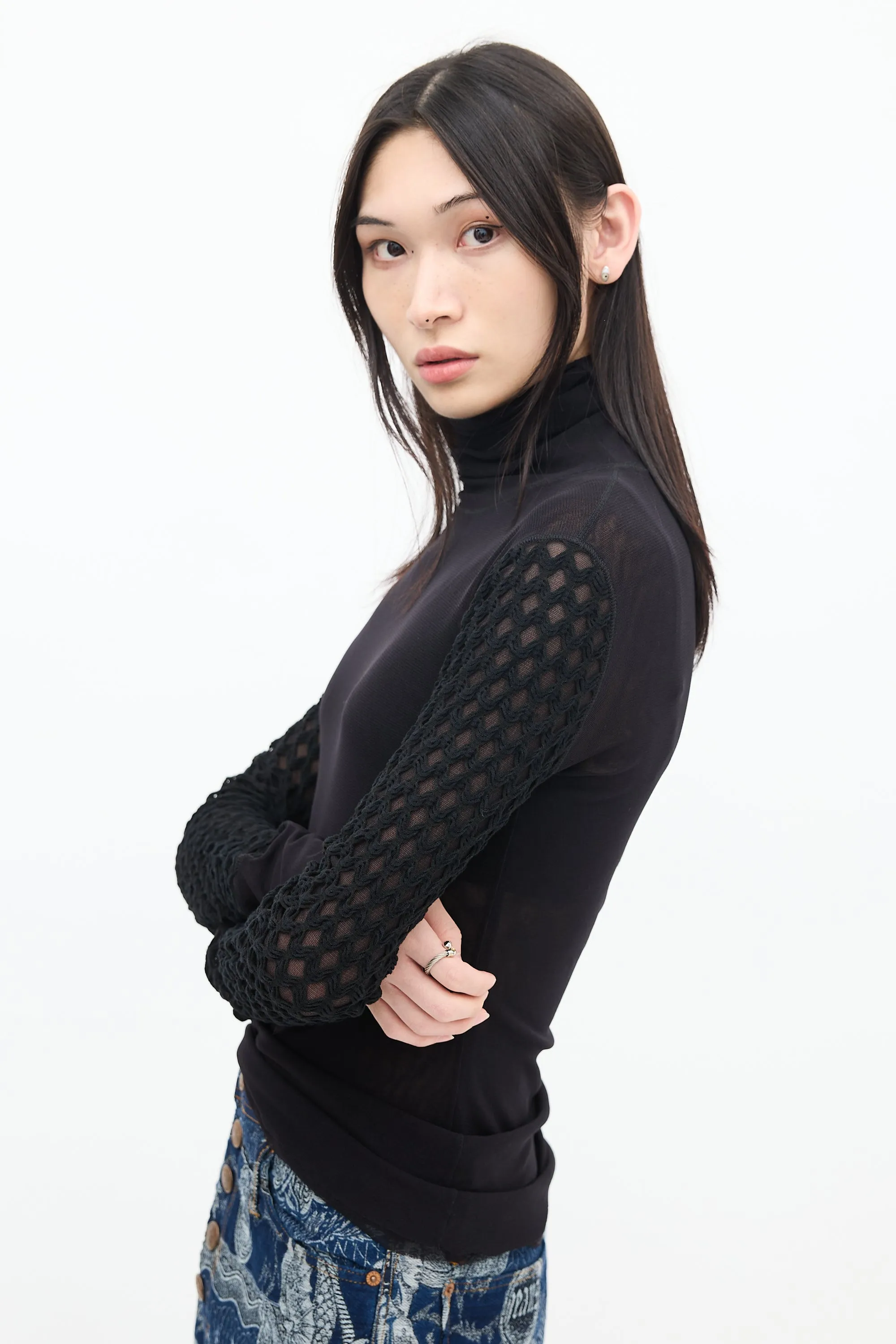 Soleil Black Mesh Layered Turtleneck Top