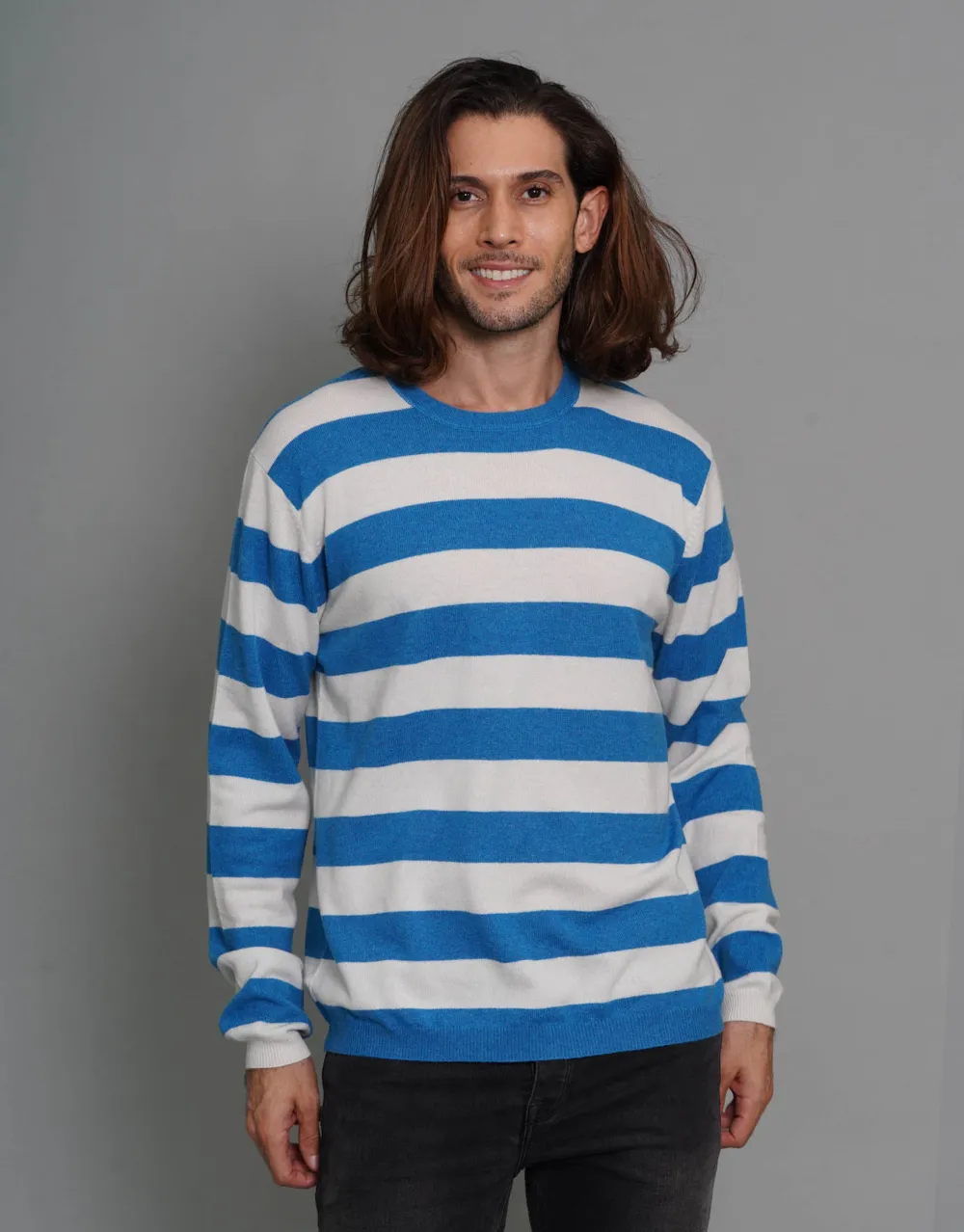 Stripey Men's Round Neck Pullover in Peacock