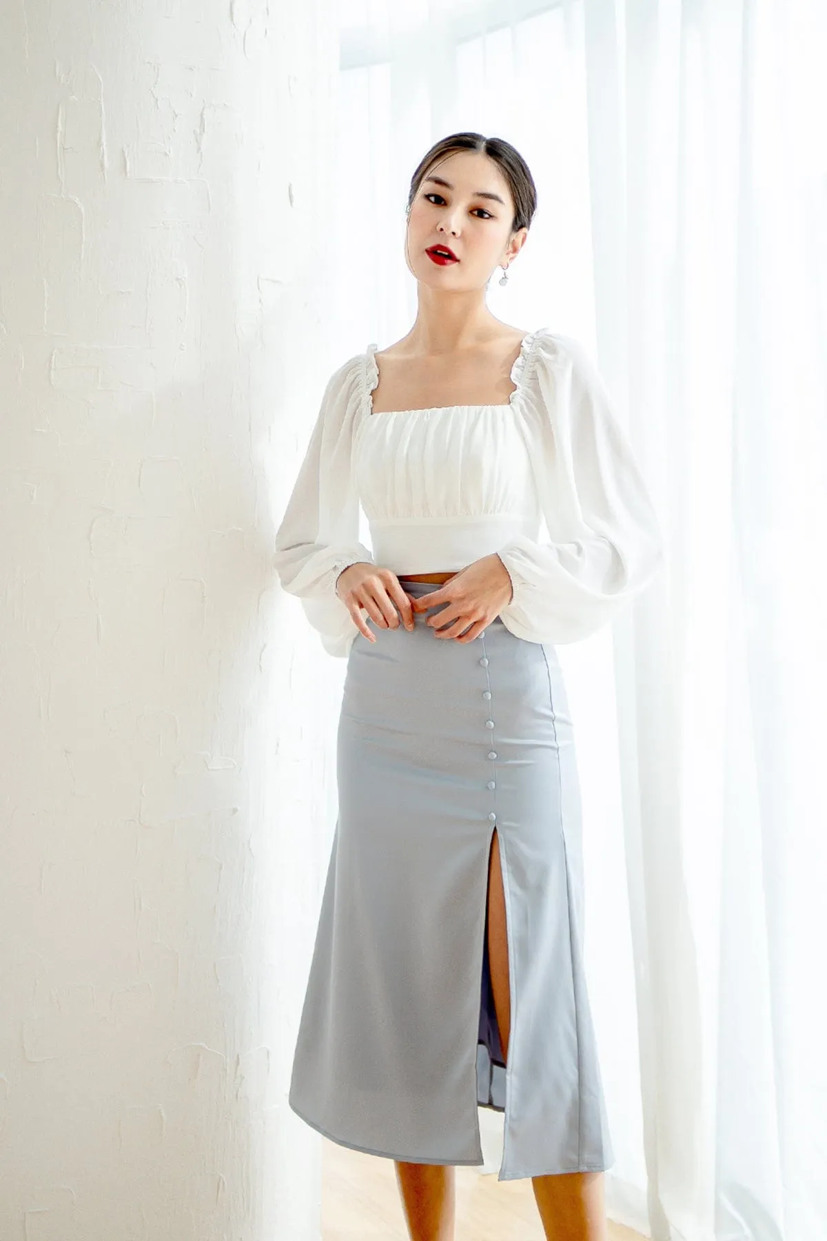 TALLULA SATIN MIDI SKIRT IN FROST BLUE