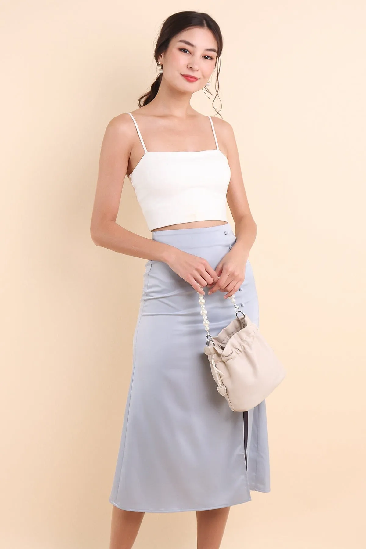 TALLULA SATIN MIDI SKIRT IN FROST BLUE