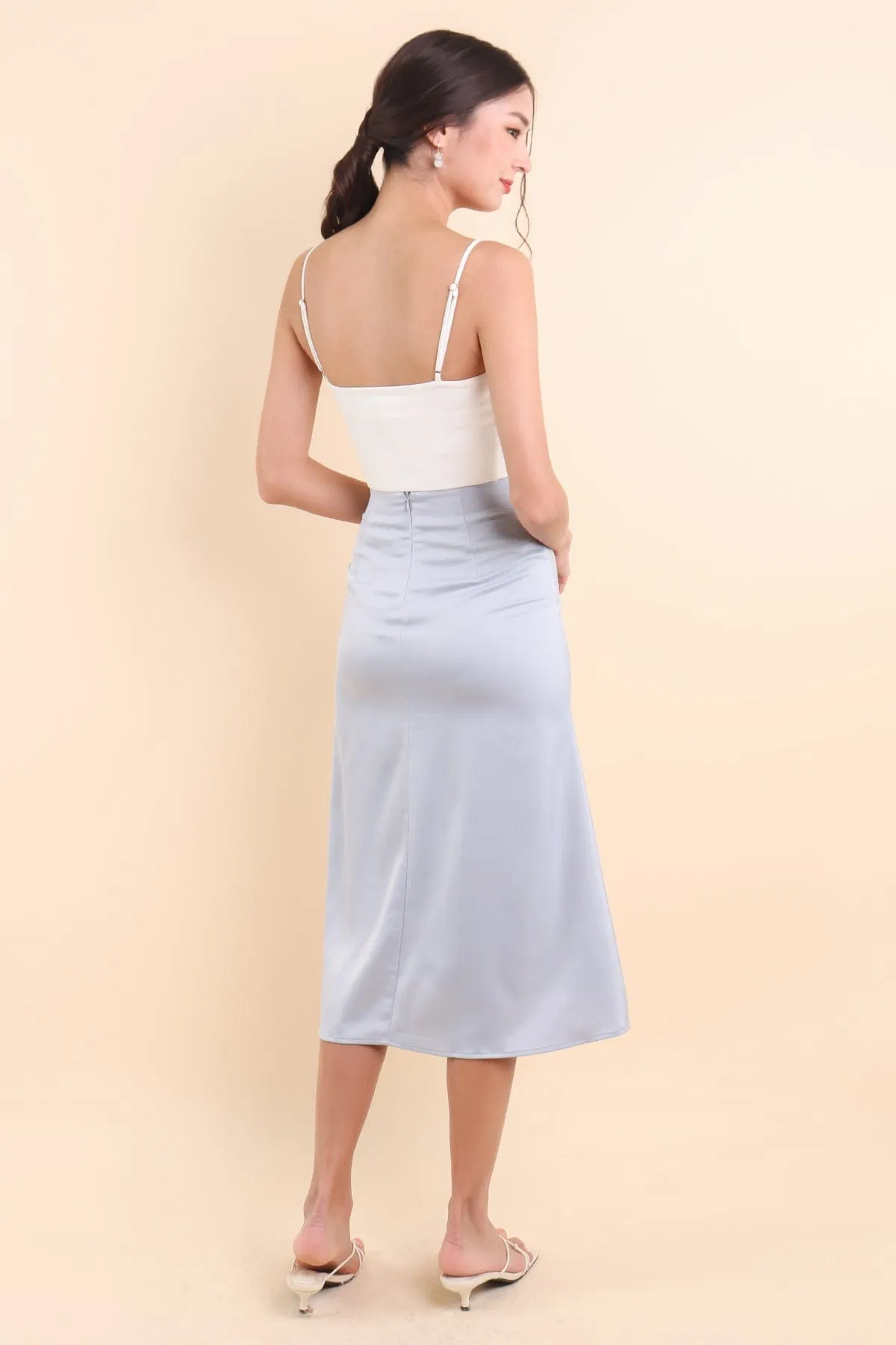 TALLULA SATIN MIDI SKIRT IN FROST BLUE