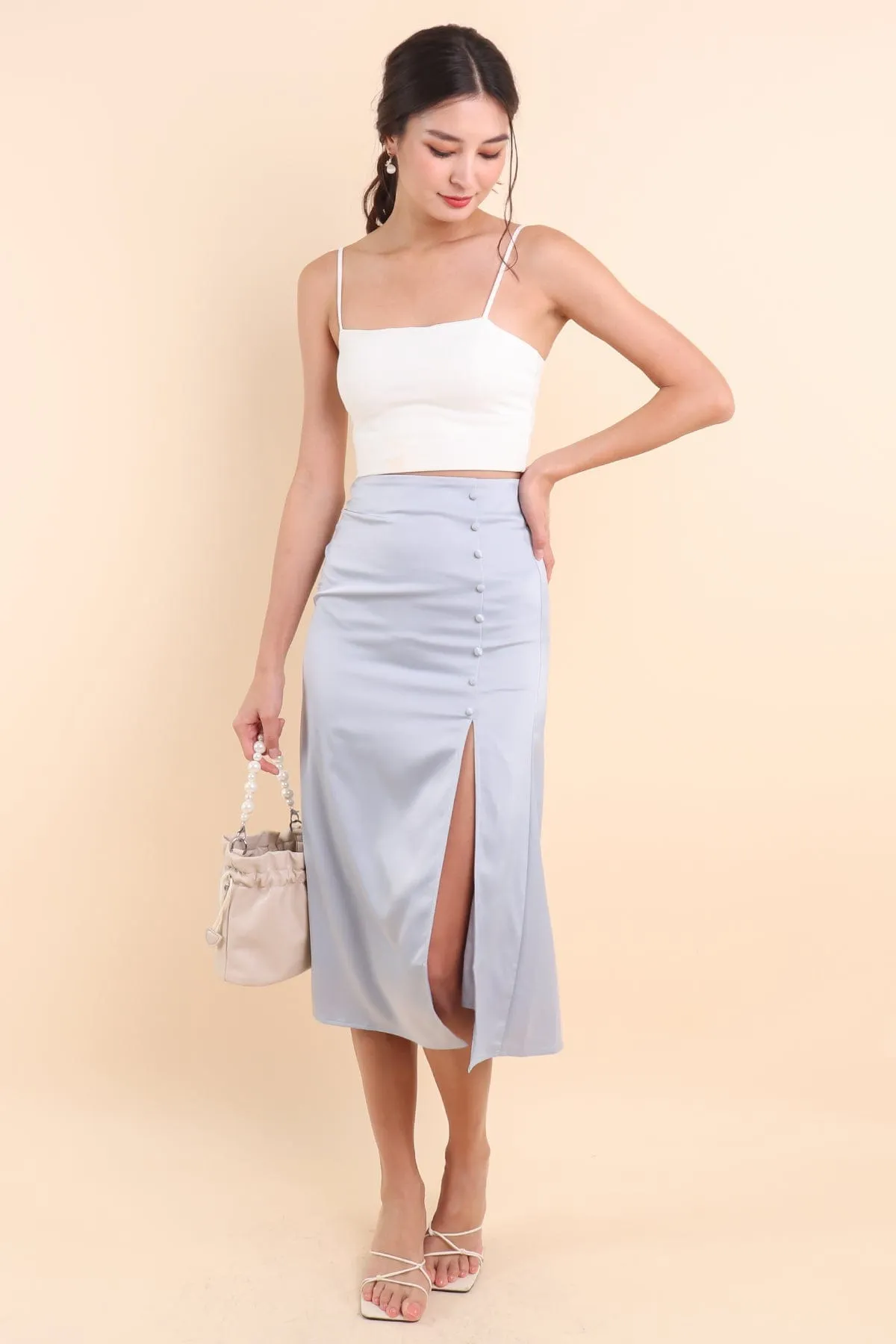 TALLULA SATIN MIDI SKIRT IN FROST BLUE