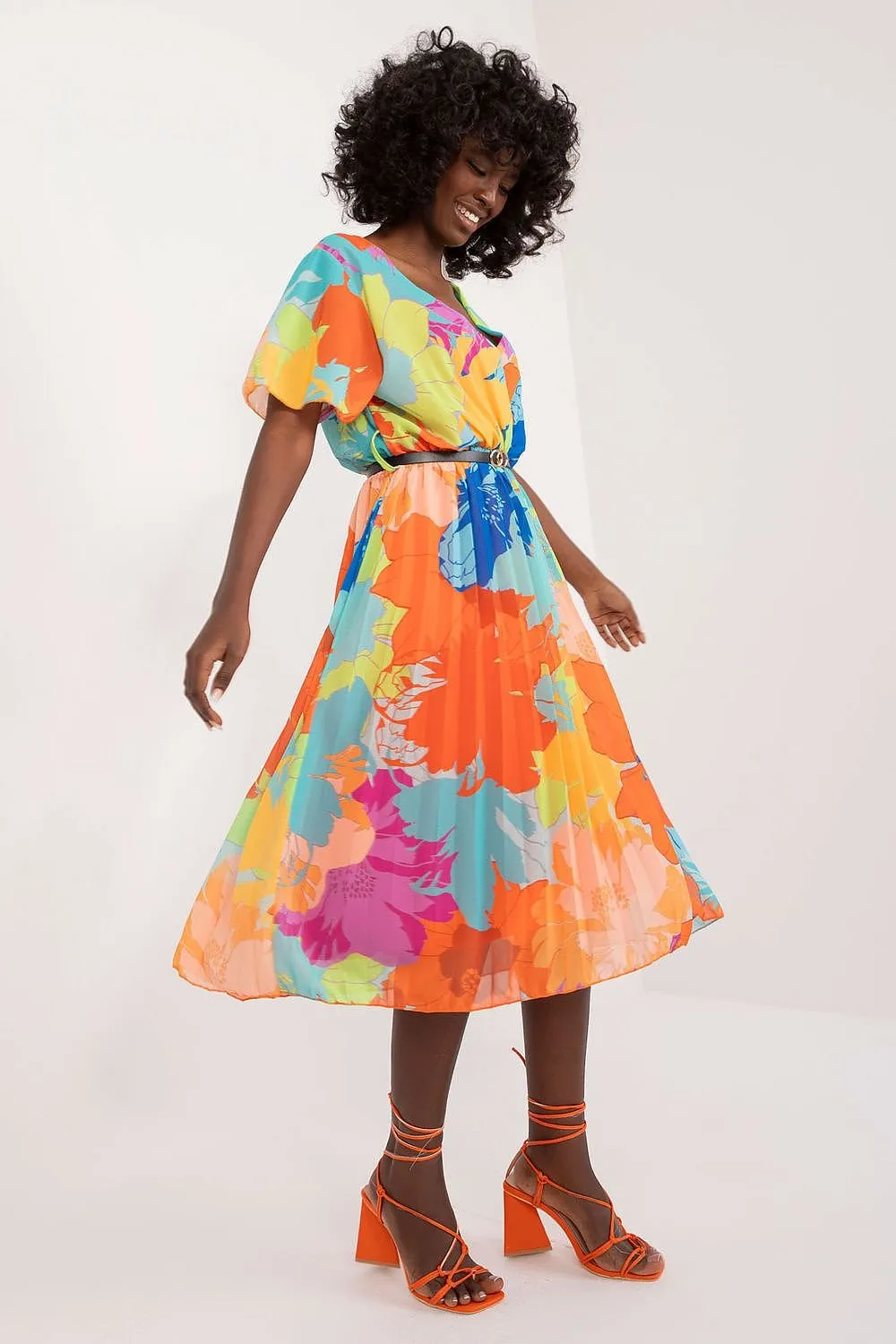 TEEK - Pleated Flowers Belted Dress