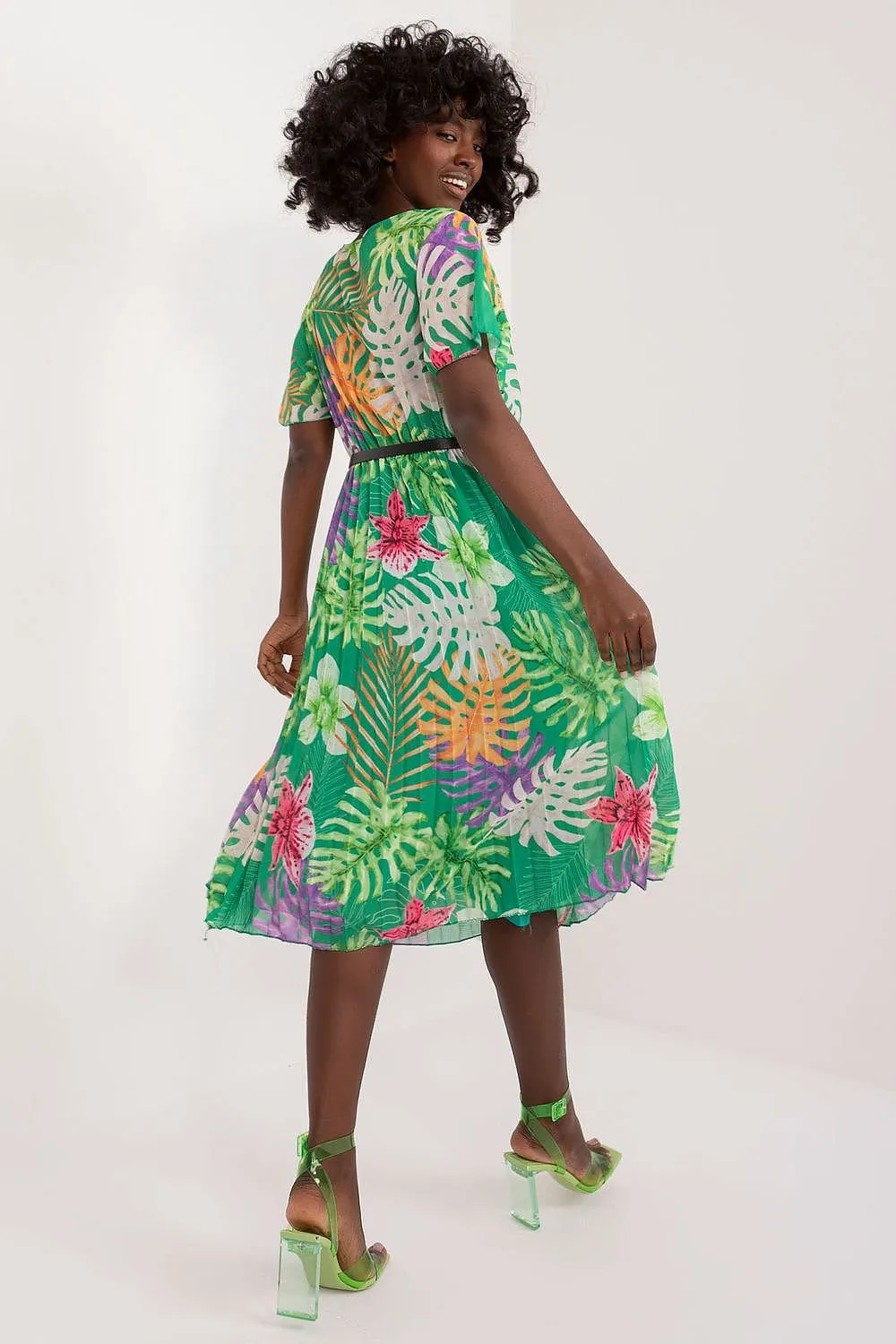 TEEK - Pleated Flowers Belted Dress