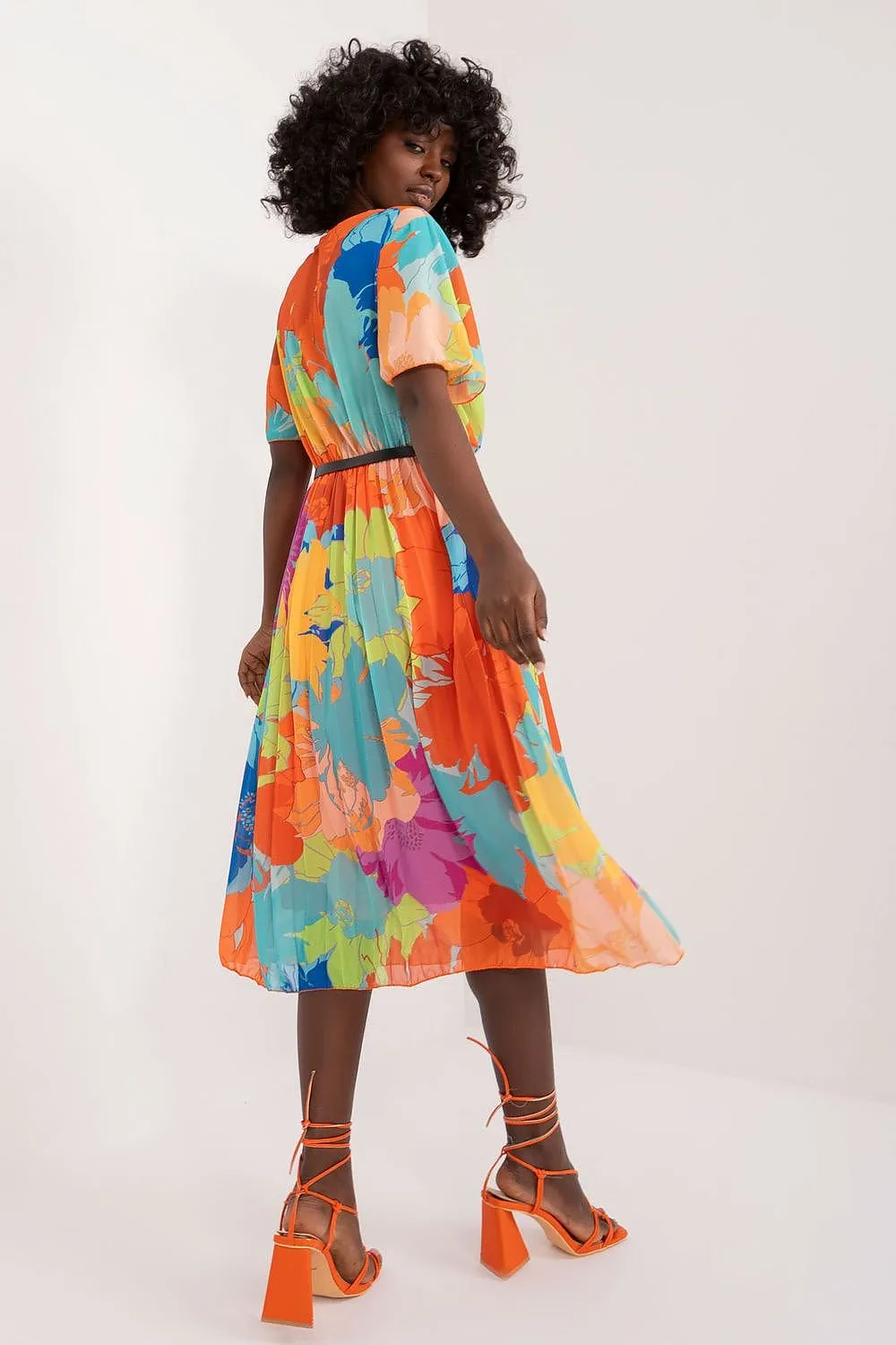 TEEK - Pleated Flowers Belted Dress