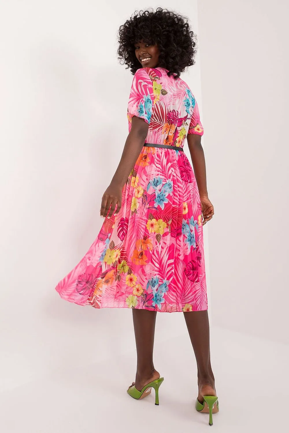 TEEK - Pleated Flowers Belted Dress