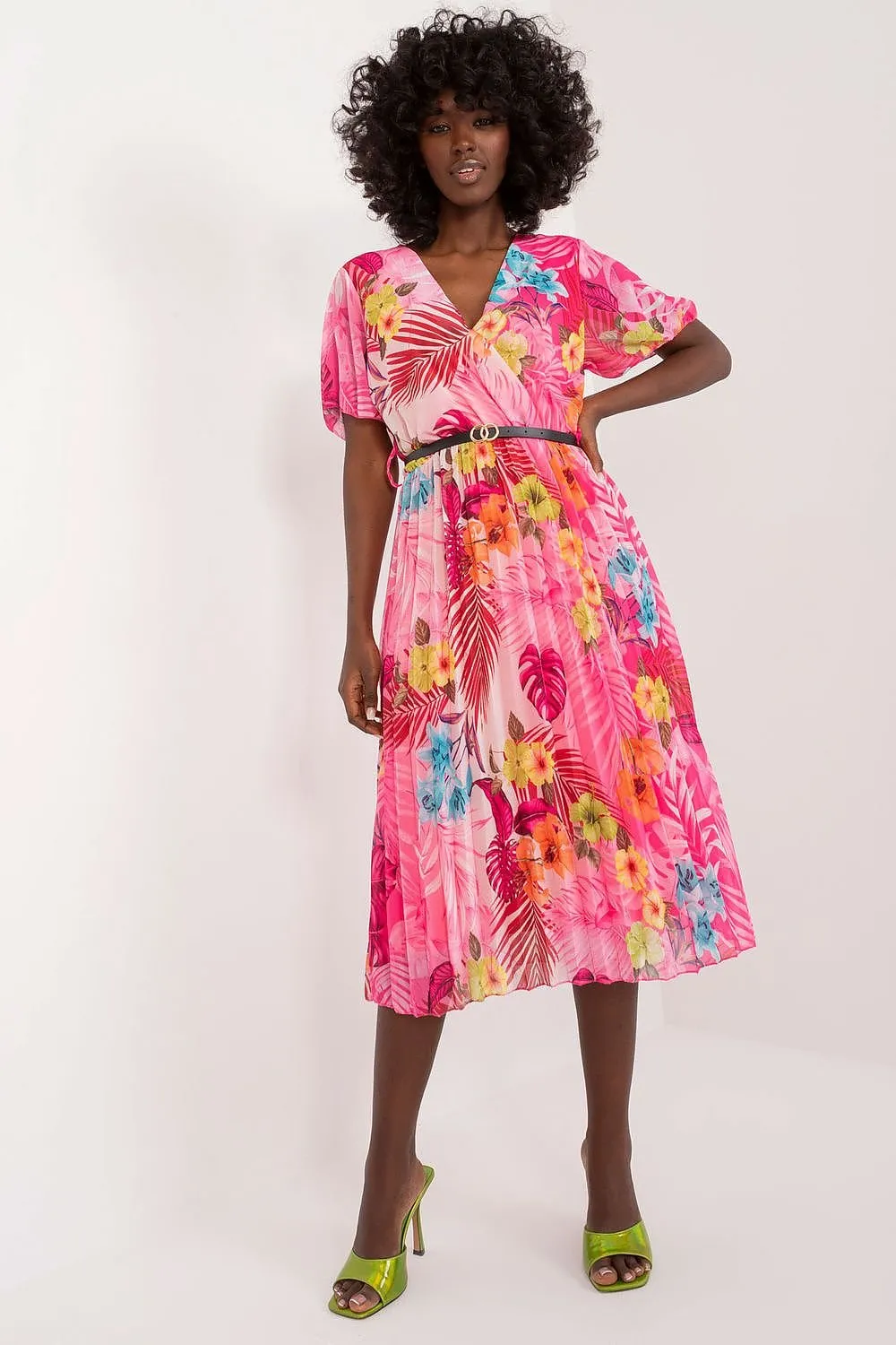 TEEK - Pleated Flowers Belted Dress