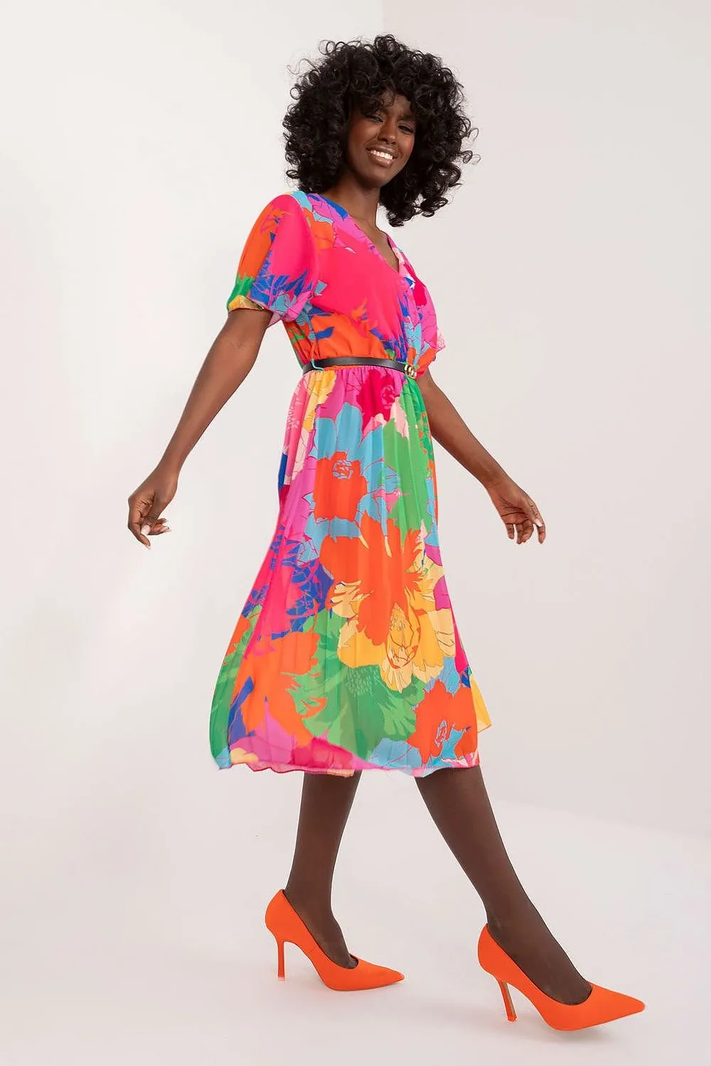 TEEK - Pleated Flowers Belted Dress