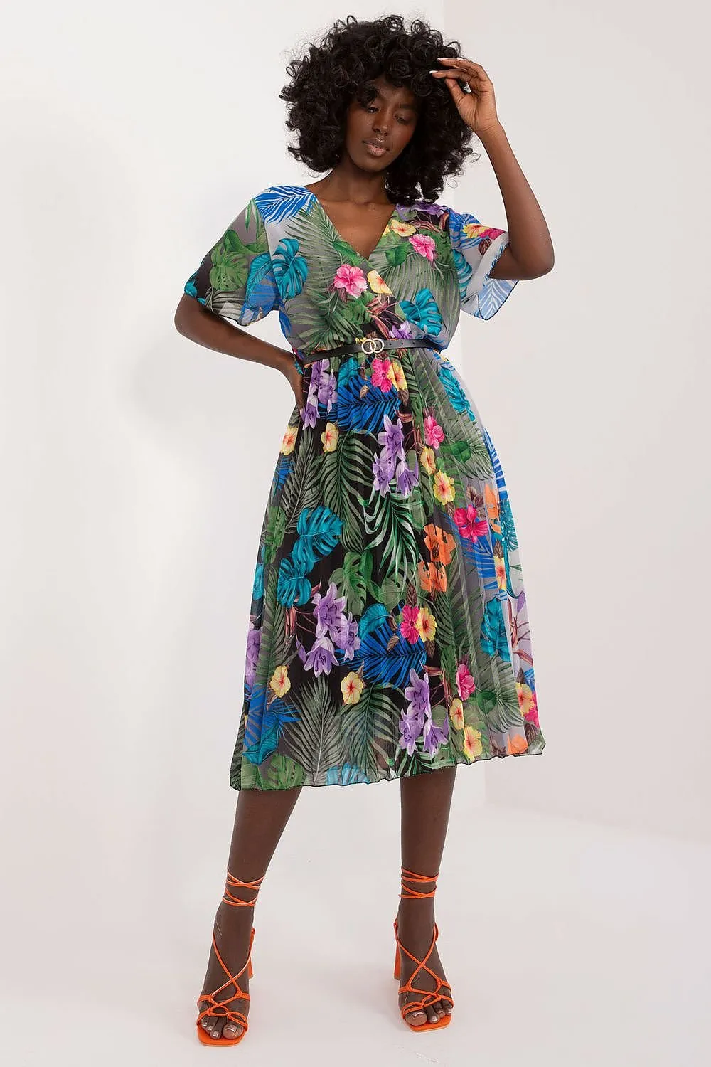 TEEK - Pleated Flowers Belted Dress