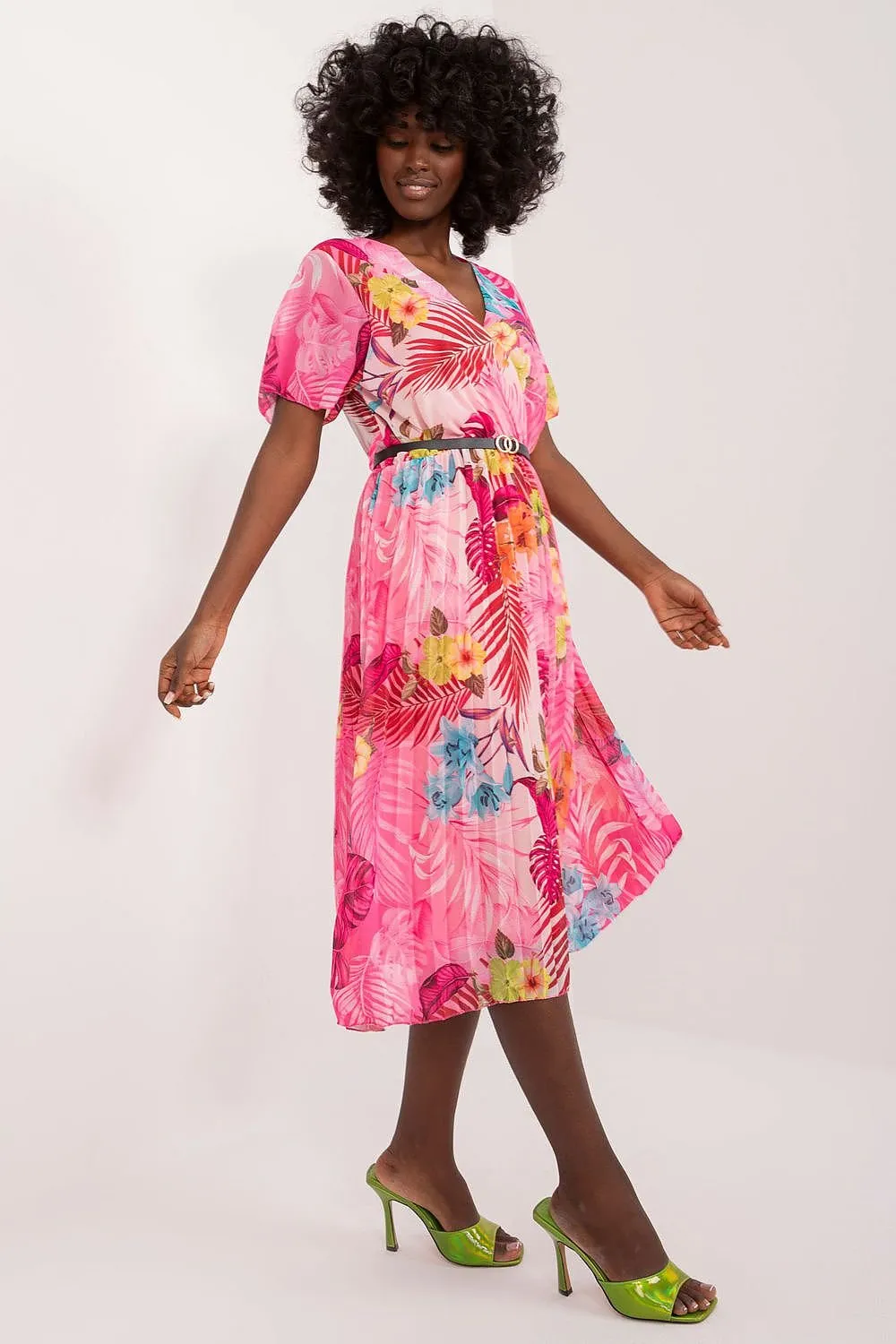 TEEK - Pleated Flowers Belted Dress