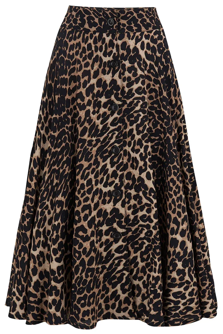 The "Beverly" Button Front Full Circle Skirt with Pockets in Leopard Print By Rock N Romance