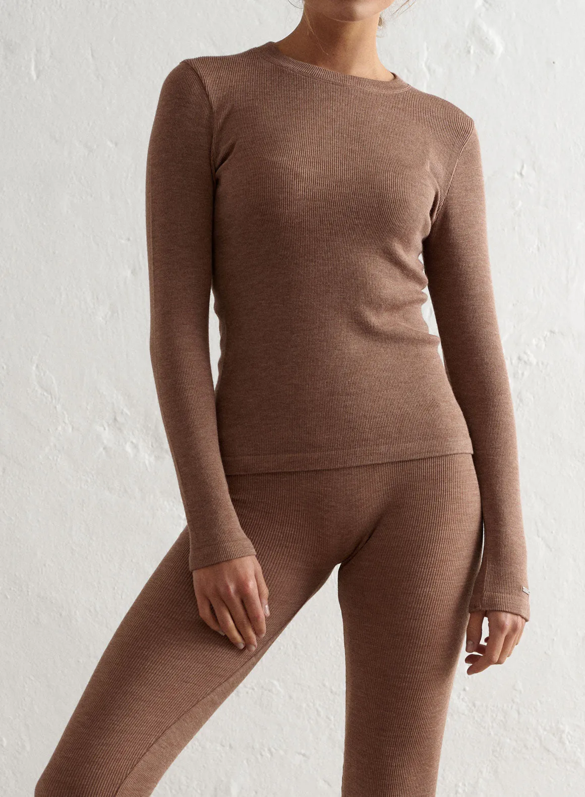 Toffee Melange Ribbed Wool Long Sleeve