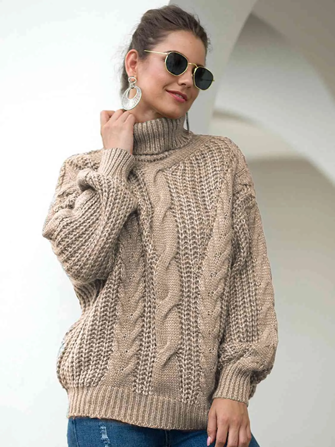 Turtleneck Cable-Knit Dropped Shoulder Sweater