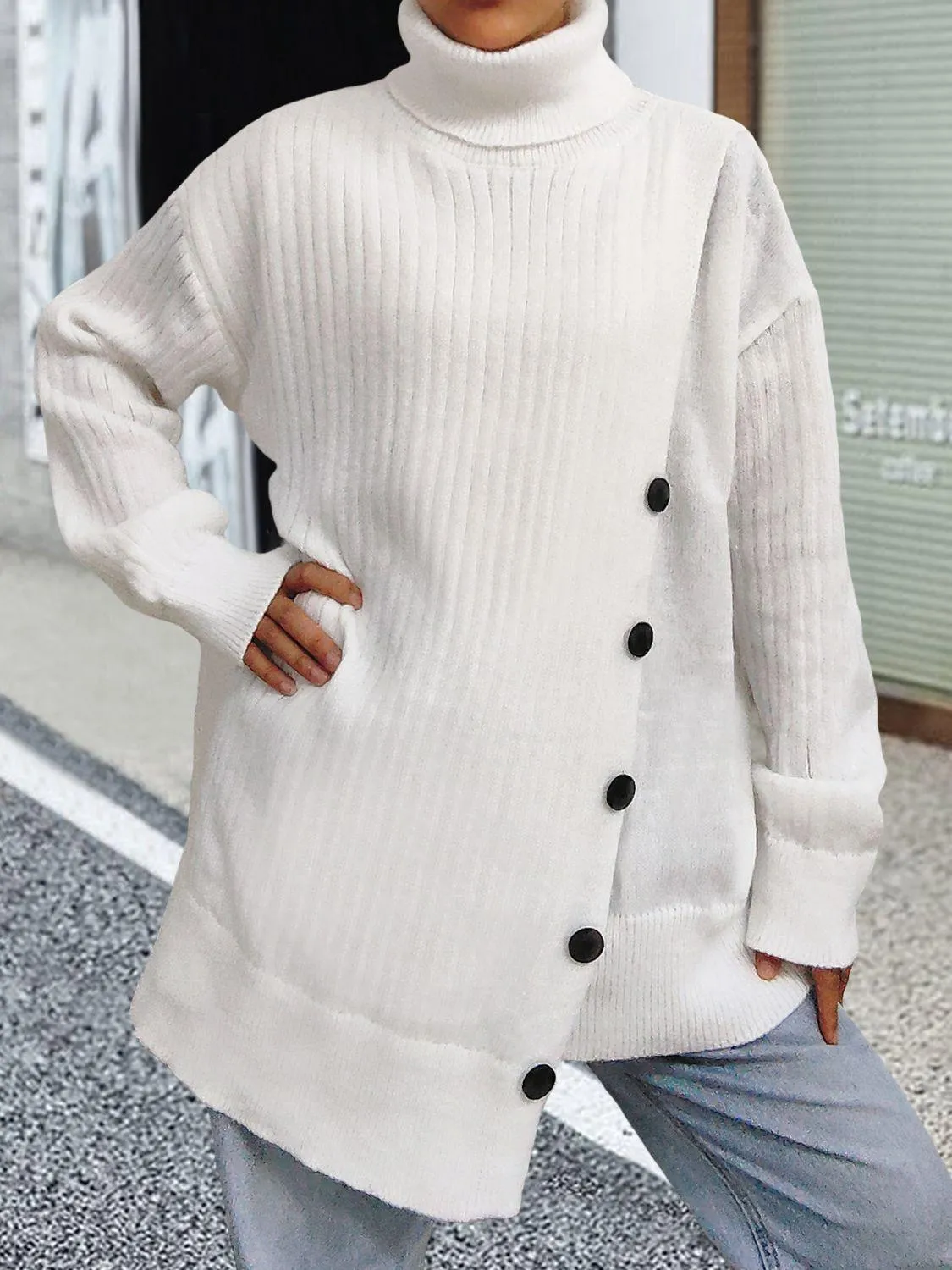 Turtleneck Sweater White Dropped Shoulder Long Sleeve Asymmetrical Sweater