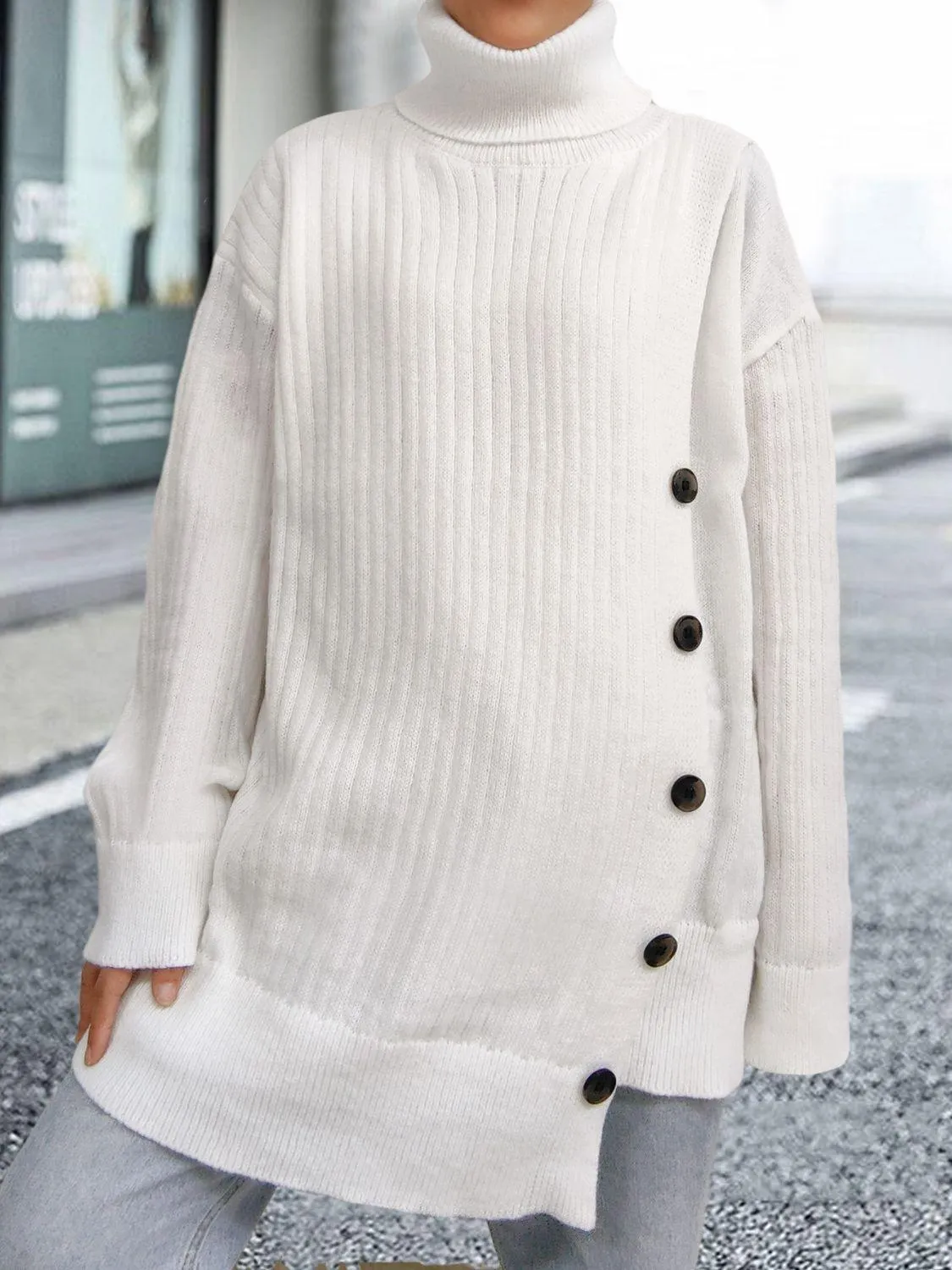 Turtleneck Sweater White Dropped Shoulder Long Sleeve Asymmetrical Sweater