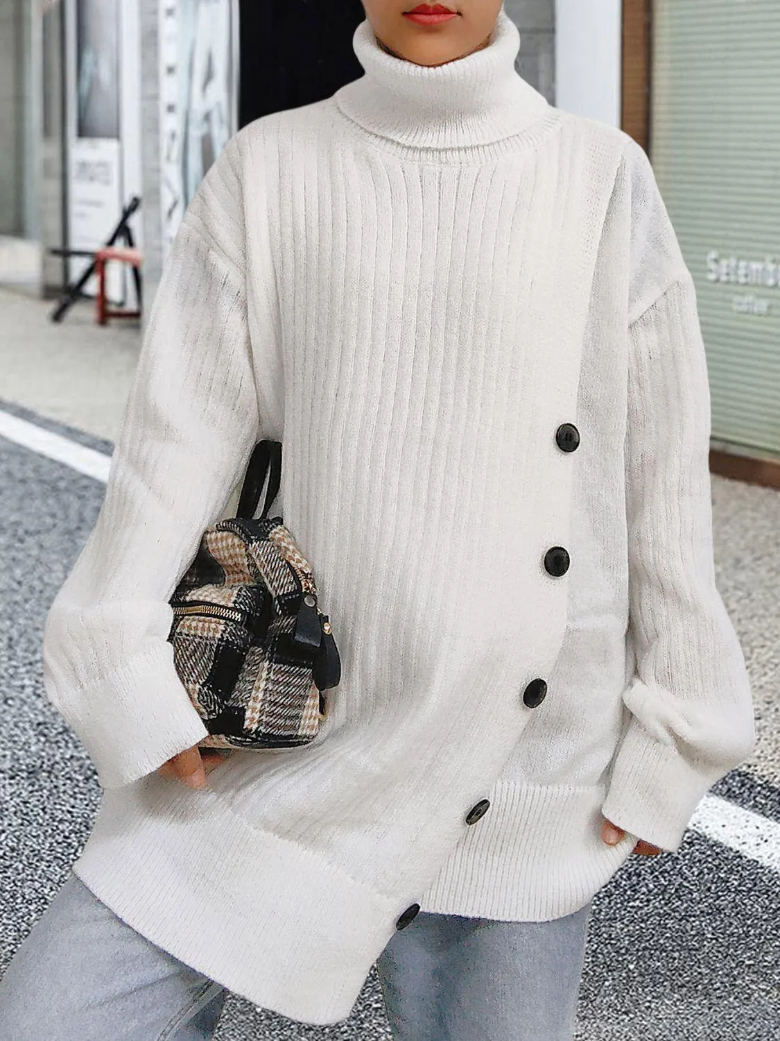 Turtleneck Sweater White Dropped Shoulder Long Sleeve Asymmetrical Sweater