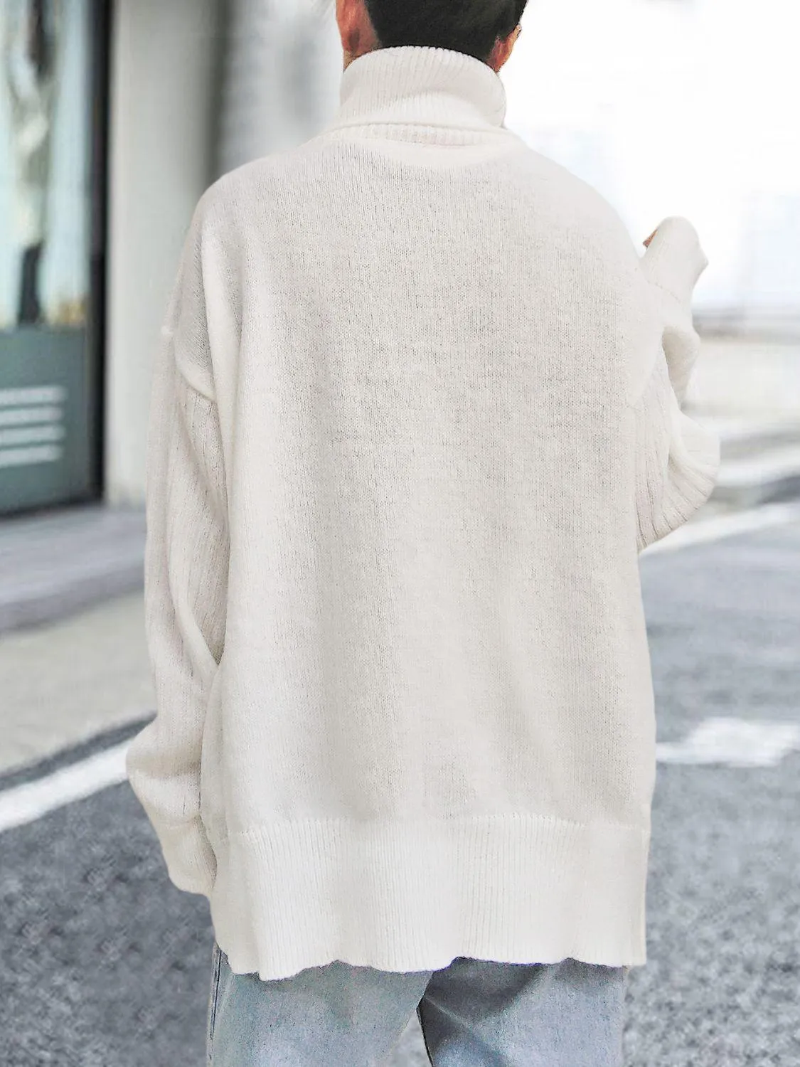 Turtleneck Sweater White Dropped Shoulder Long Sleeve Asymmetrical Sweater