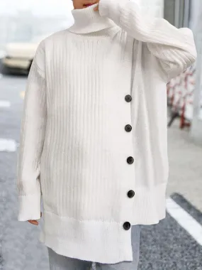 Turtleneck Sweater White Dropped Shoulder Long Sleeve Asymmetrical Sweater