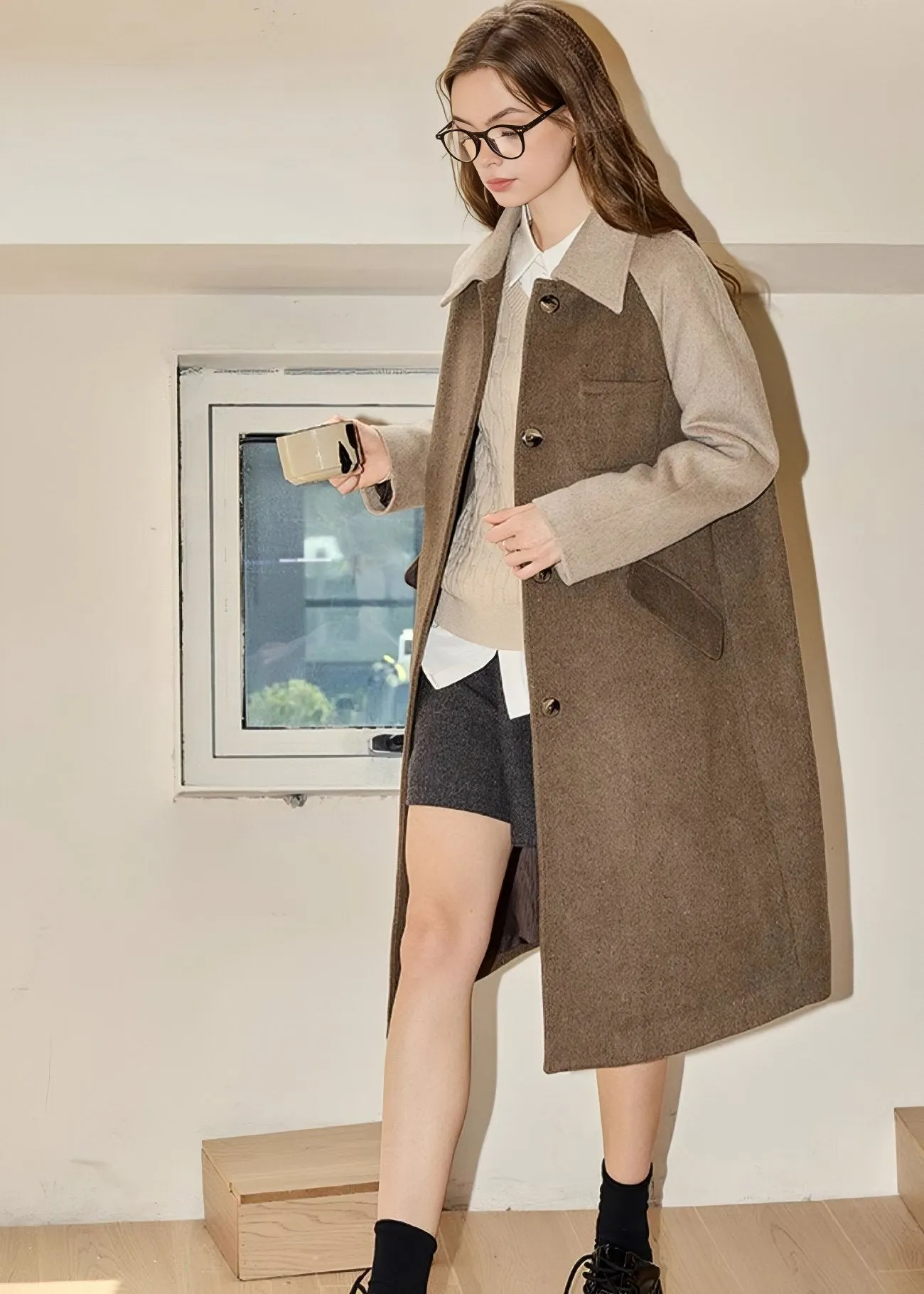 TWO-TONE MIDI WOOL COAT